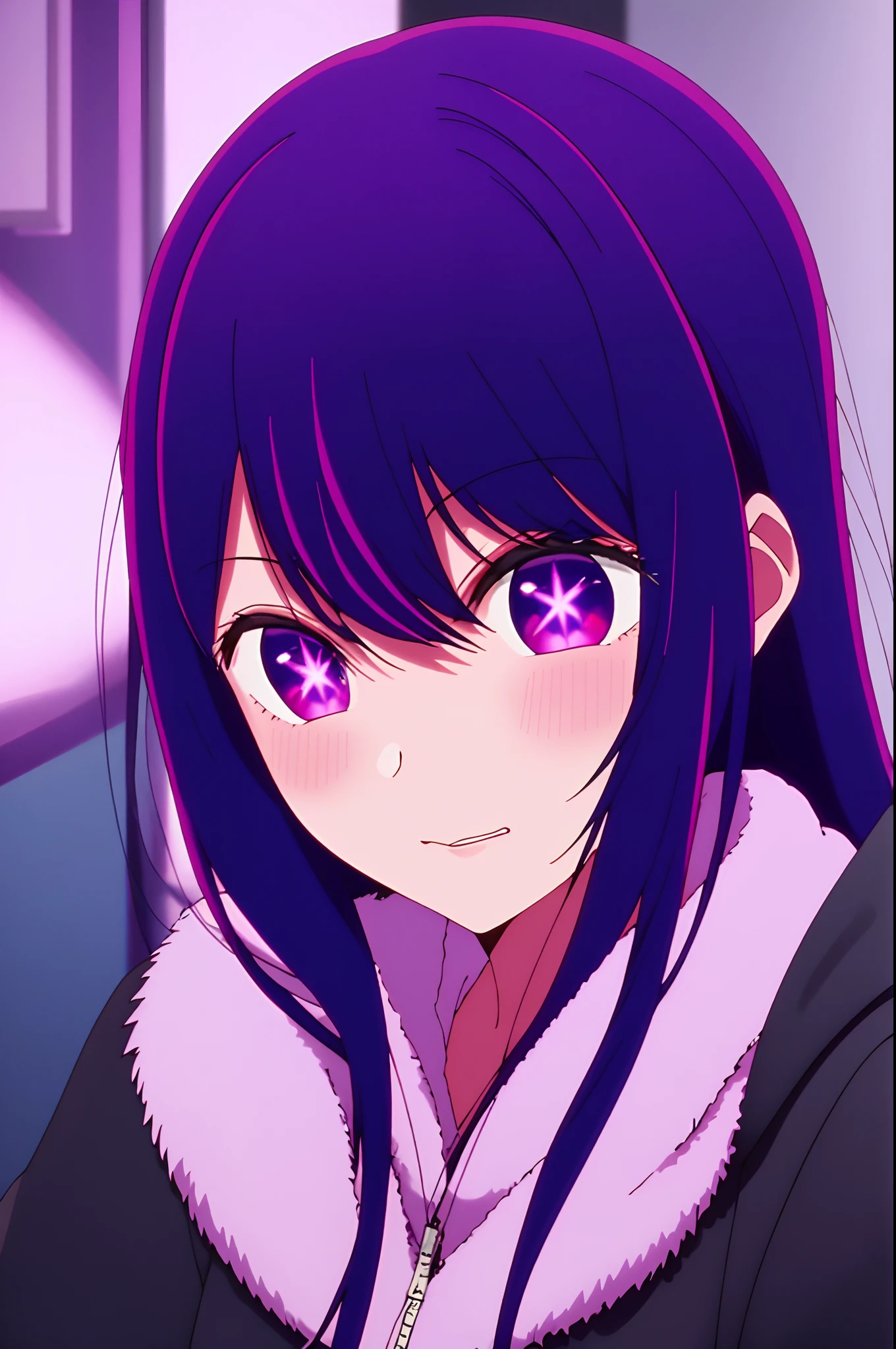 Yukino, best quality, purple color hair, purple eyes, in a black hoodie, cute girl, her expression is solemn, sexy face, she has a cute expressive face, hard breast