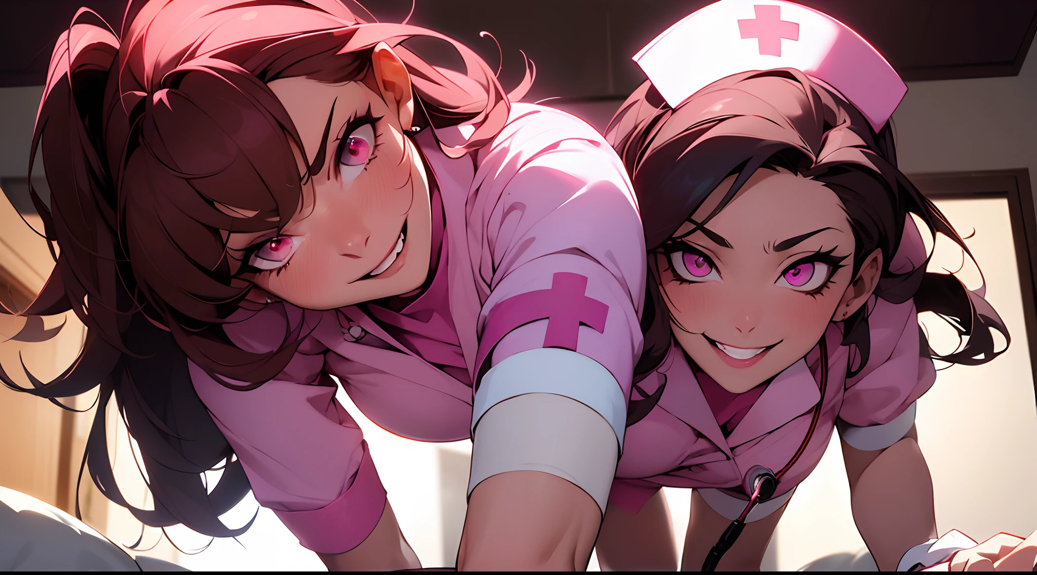 (1980s anime), Lady, Happy, (Nurse,:1.2), (mature face:1.4), beautiful Stockings with garter belts, Choker, Red Eyes, Pink, White, Detailed Eyes, Big Smile, Teeth, Demonic, (shot from below),  (on all fours), Menacing, Blood tears, Vampire Fangs, Blood from mouth, Sunset, Hospital bed, extremely detailed face and eyes, dynamic shadows, beautiful lighting, absurdes, 4k  , dynamic pose, masterpiece, absurdes, 4k, muted pastel colors, dynamic shadows