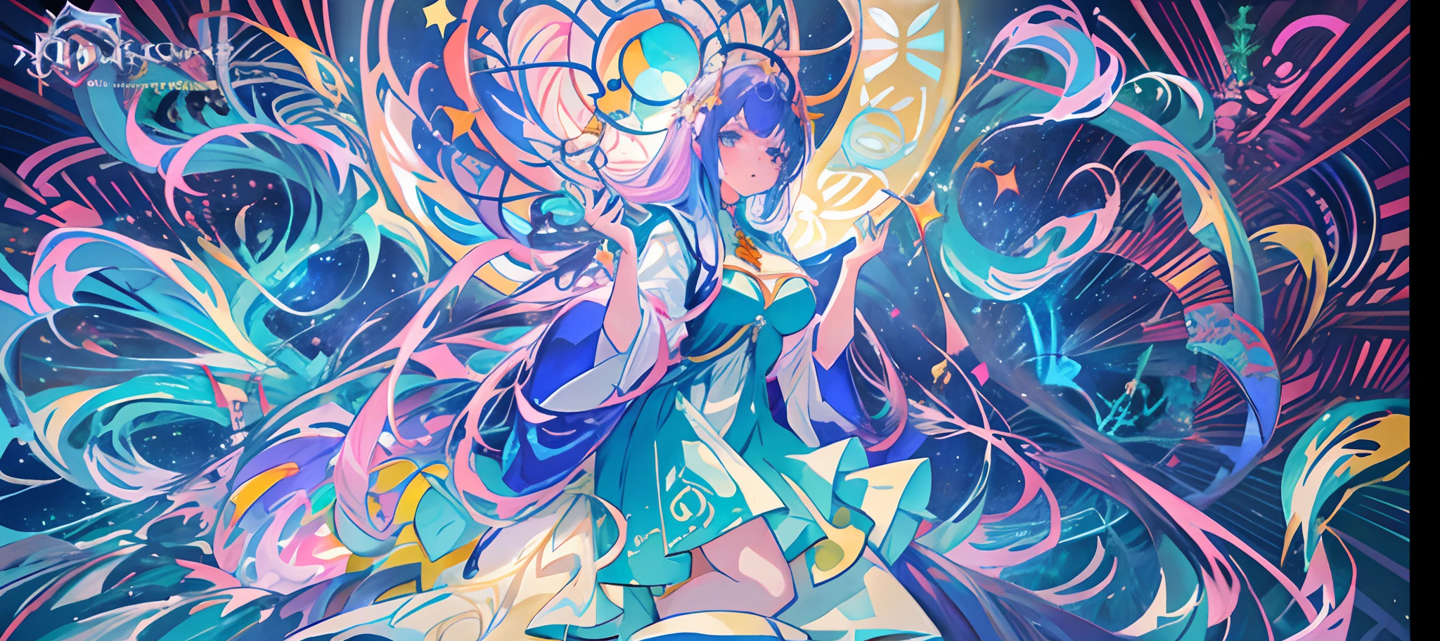 Anime art of a woman in a blue dress holding a glass, Detailed key anime art, Official artwork, anime art nouveau cosmic display, trending on artstation pixiv, Beautiful celestial mage, Fine details. anime big breast. Tentacles, astral clockwork, pixiv trending, trending on pixiv, Album art, [ tarot cards ]!!!!!, closeup fantasy with water magic