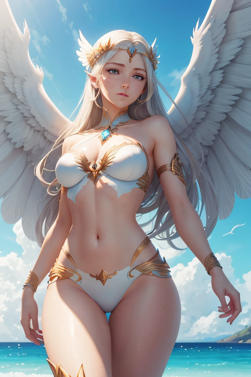 [Face close-up] Beautiful winged goddess descending from the heavens, large white feathered wings, ocean surface and sky background, cinematic shot, realistically shaded perfect body, photorealistic perfect body, unreal engine rendering + a goddess, goddess. extremely high details, beautiful goddess, photorealistic anime girl rendering, beautiful female body, perfectly shaded body, medium breasts, complicated, piercing, trend on ArtStation, slim body, perfect detailed eyes, freckles,