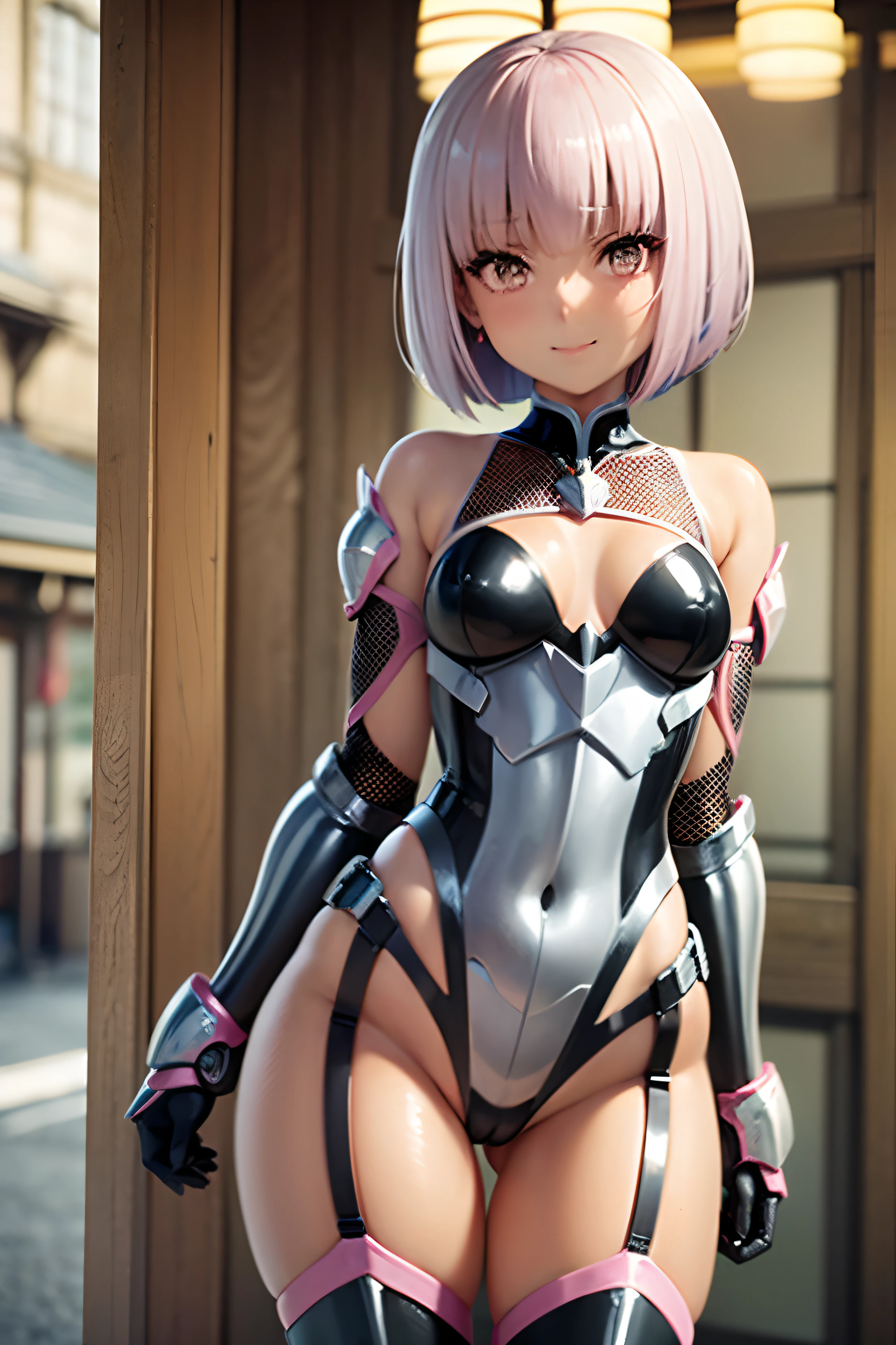 ((frontal face:1.5)), ((In Kyoto Animation Style)), super precision, masterpiece, very extremely beautiful, Princess Face, ((1 girl)), ((Solo:1.5)), ((Pink hair:1.5)), ((Black eyes)), ((bob cuts:1.5)), ((Smaller chest)), Latex, Short hair, BREAK, ((The costume is silver:1.5)), Break HA, ((Taimanin suit:1.5)), ((Black Leotard)), fish net, (elbow groves), ((vambraces)), ((armored skirt)), (Thigh boots), Professional Lighting, (20 years old), Narrow waist, Shiny skin, Oiled skin, glistning skin, Looking at Viewer, Cowboy Shot, erect through, is looking at the camera, ((Tower Bridge)), Sexy, A smile, a closed mouth, head-on, Bright outdoor, faces,
