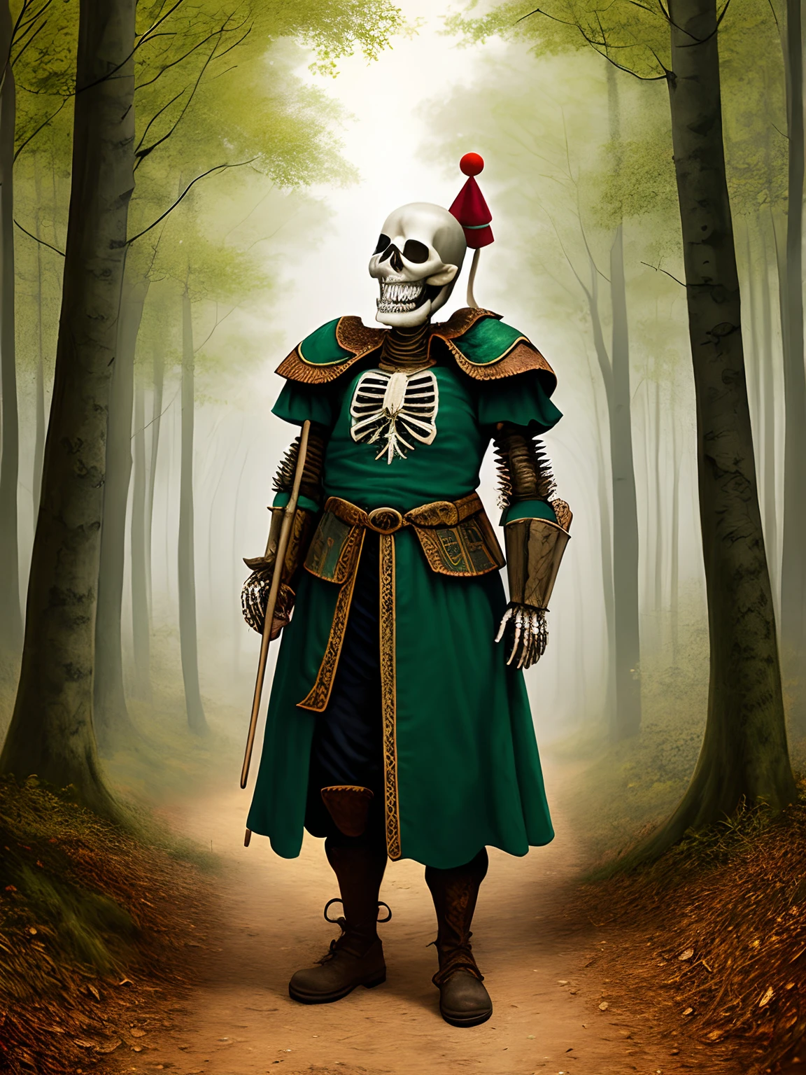 oil painting dark laughing skeleton wearing dark green medieval jester outfit in misty forest