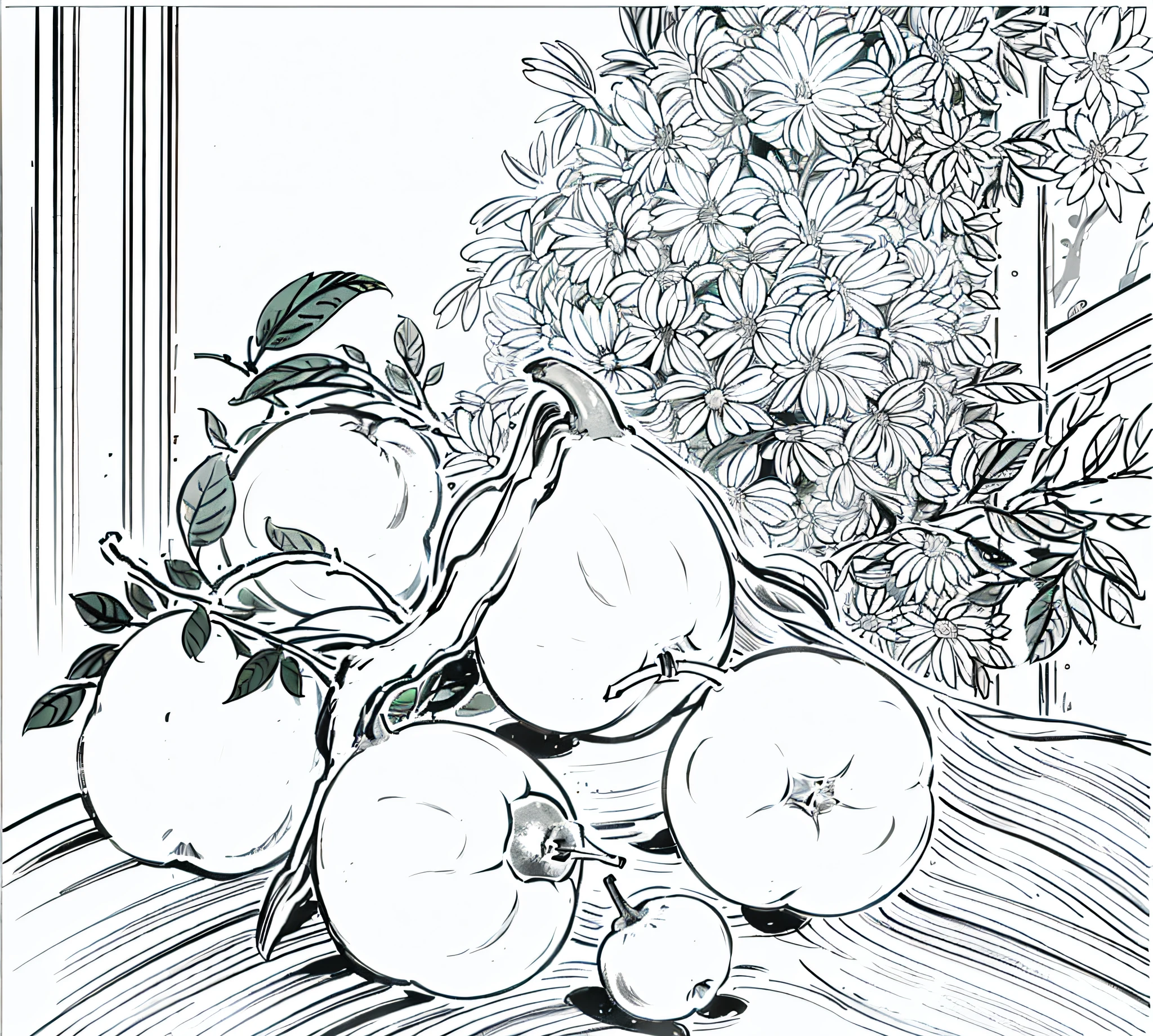 In the basket are pears,Pears are huge,Pears are the main thing,The cleavage protrudes,Lots of moisture,The leaves are luxuriant,Decorative panels,sketching,Pear lines and scenes without colors and shadows。 (tmasterpiece,best qualtiy,A high resolution:1.4),the detail,complexdetails,4K,colored splashing,Line art,