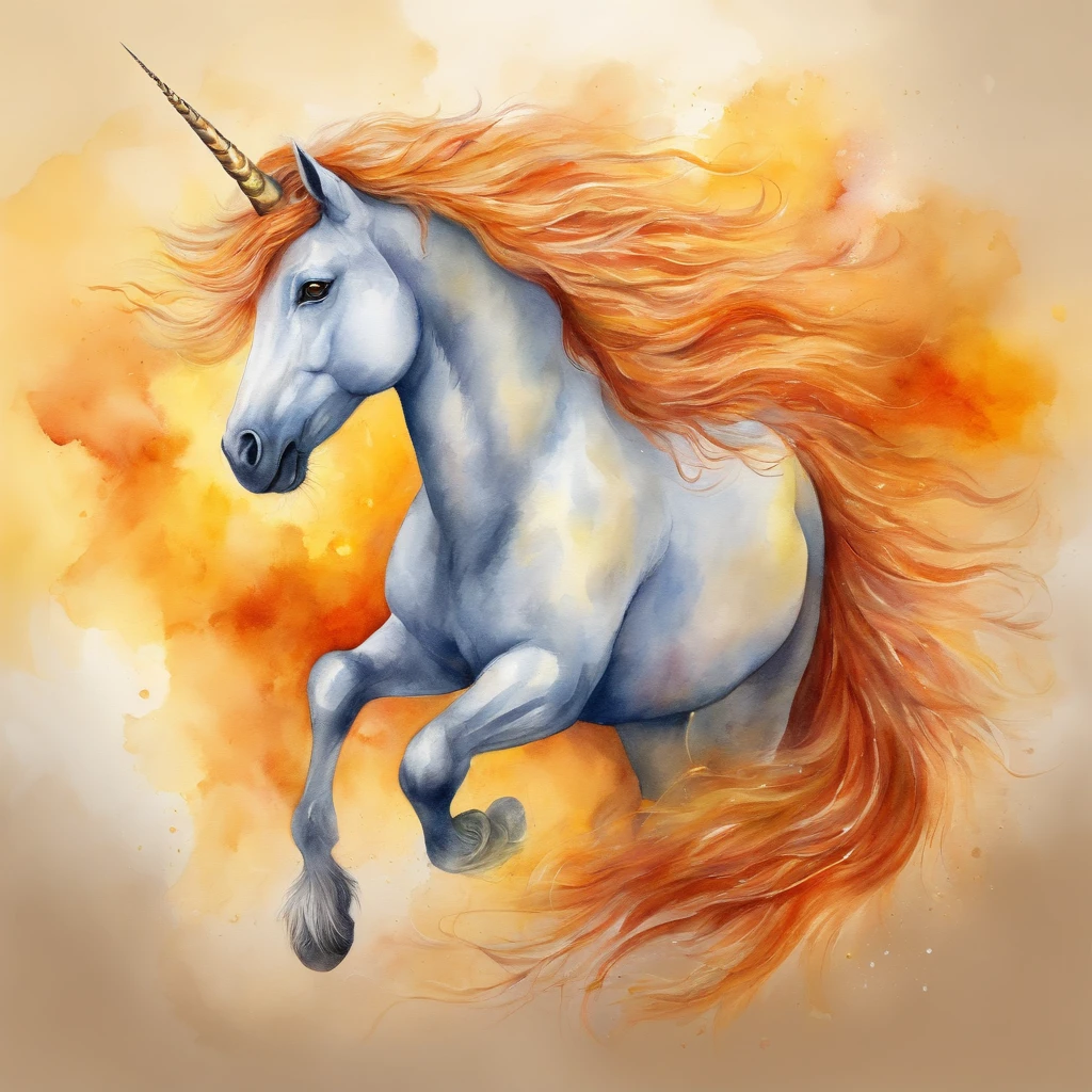 Unicorn, vivid orange fur, glowing fiery yellow eyes, mane made of yellow and orange flames, masterpiece, best quality