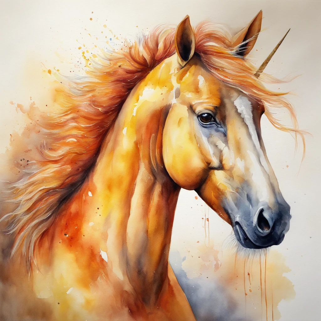 Unicorn, vivid orange fur, glowing fiery yellow eyes, mane made of yellow and orange flames, masterpiece, best quality