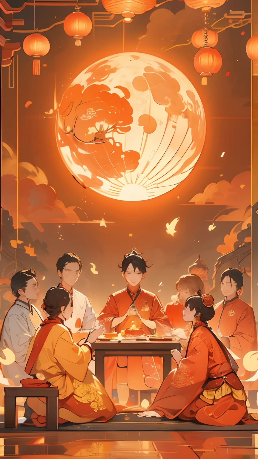 Mid-Autumn Festival,Traditional Chinese culture,Full moon night,Family reunion,Warm tones,Beautiful picture,Starlight,Granular roles,The family eats happily together