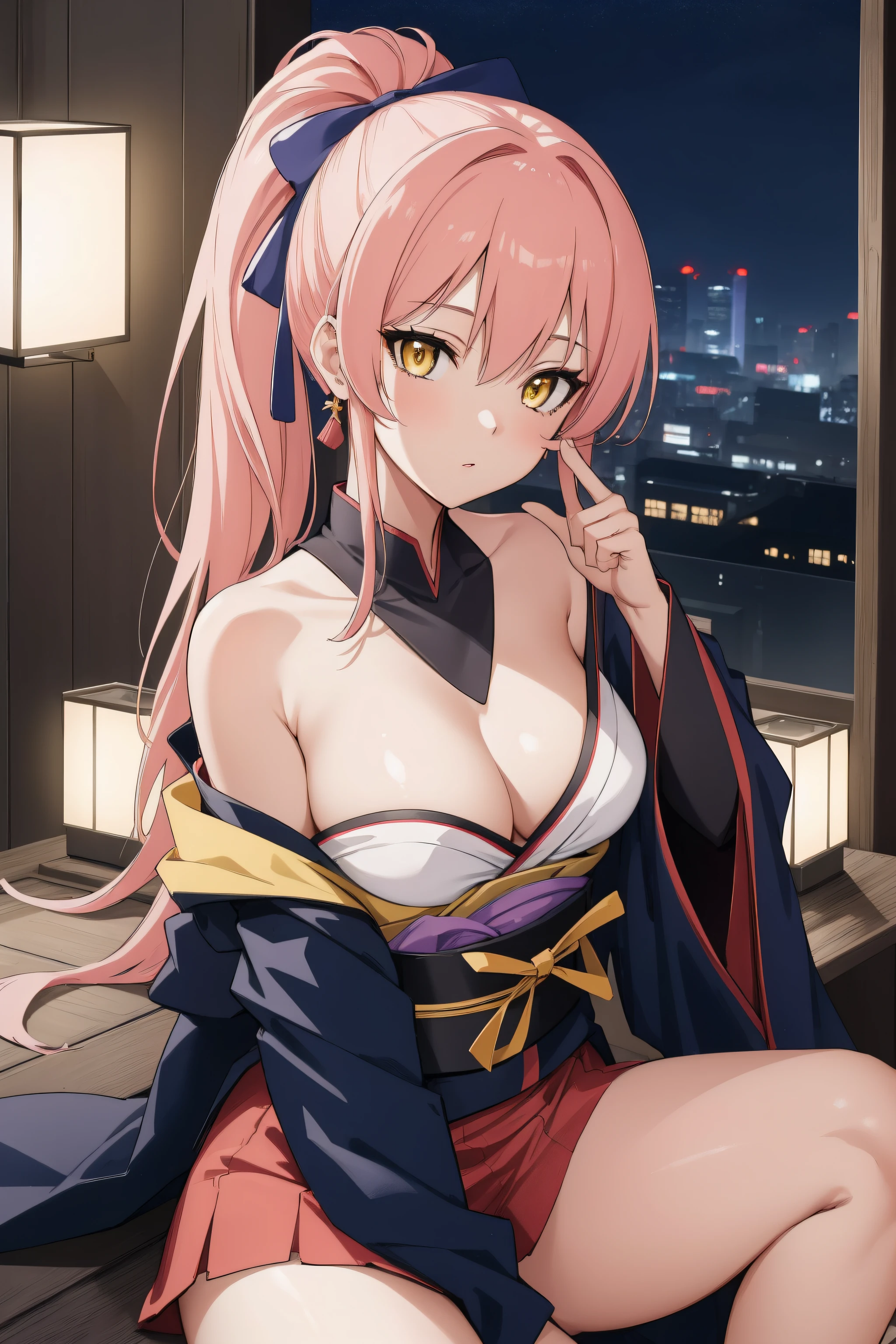 (Night:1.7), Cyberpunk_CityView, Before Window,in front of a wall with a clock,
sitting at attention,sitting on couch,
japanese clothes, kimono, my mai tonight, obi, sash, sidelocks, single hair bun,
mika jougasaki, hair bow, long hair, pink hair, (yellow eyes:1.5), ponytail, hair ribbon,
1 girl, 20yo,young female,Beautiful Finger,Beautiful long legs,Beautiful body,Beautiful Nose,Beautiful character design, perfect eyes, perfect face,
looking at viewer, (innocent_big_eyes:1.0),(expressionless:1.3),
NSFW,official art,extremely detailed CG unity 8k wallpaper, perfect lighting,Colorful, Bright_Front_face_Lighting,
(masterpiece:1.0),(best_quality:1.0), ultra high res,4K,ultra-detailed,
photography, 8K, HDR, highres, absurdres:1.2, Kodak portra 400, film grain, blurry background, bokeh:1.2, lens flare, (vibrant_color:1.2)
(Beautiful,medium_Breasts:1.4), (beautiful_face:1.5),(narrow_waist),(perfect hands, perfect anatomy),