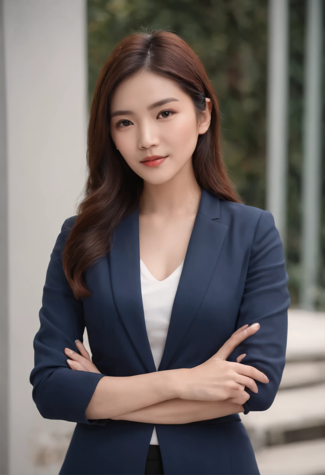 Professional image of a 25-year-old Asian working woman, Have femininity,Wear a navy blue business casual suit and hip wrap skirt, Professional profile photo, posing with crossed arms, professional picture, professional profile picture, photograph of a woman, Business woman, lecturer, Black hair, Slim body, 8K high-definition