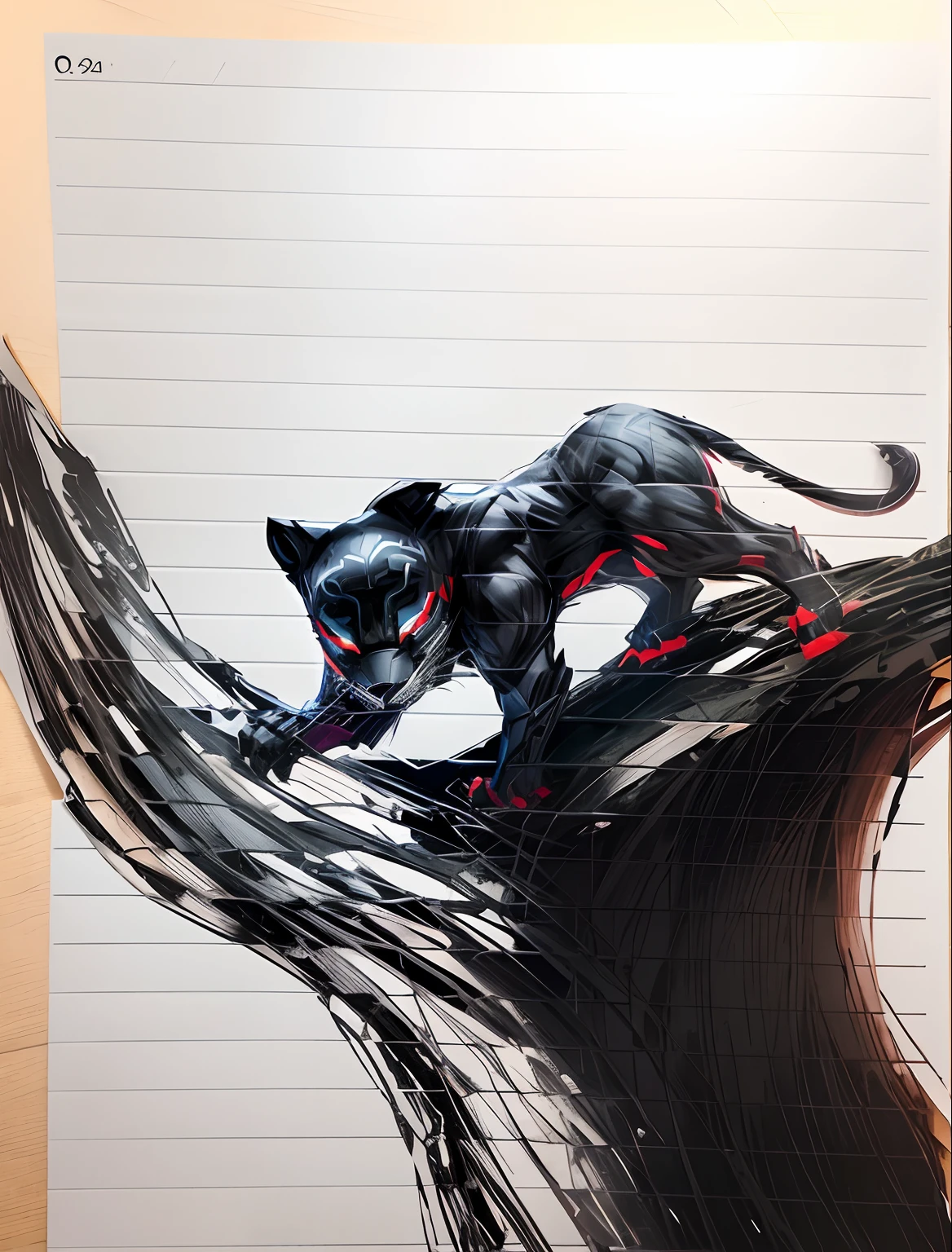 Paper art, black panther on the tree, red eyes,