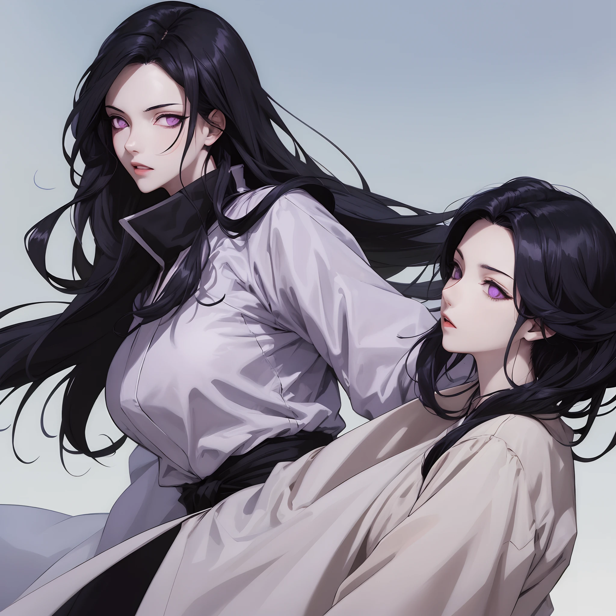 A girl with long black hair, fair skin, superior face, black and purple eyes, black clothes, wears a very large overcoat dragging on the ground, jujutsu kaisen style