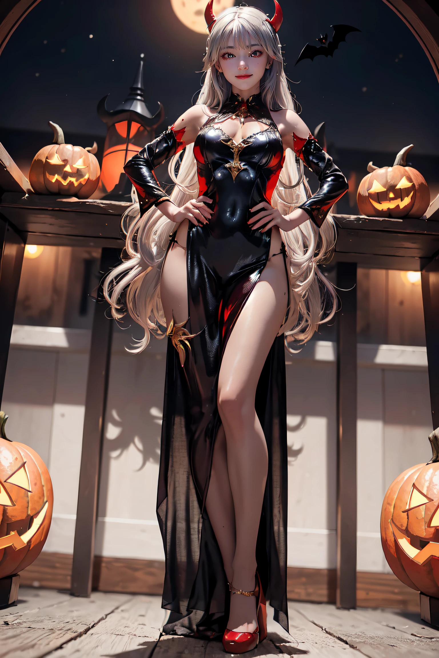 masterpiece, top-quality, top-quality, Beautifully Aesthetic:1.2, 1girl, Halloween night, ((Wearing a Blue with Silver and Gold classy devil costume)), high detailed, ((Red eyes:1.8)), Standing leaning forward with hands on waist, large breasts, firm breast, nicely shaped breasts, slender figure,
((Gray hair, Red colored inner hair)), wavy hair, (medium long hair:1.2), (asymmetrical bangs:1.2),
in the Halloween party venue at late night, (Full body shot:1.1), (From below:1.1),