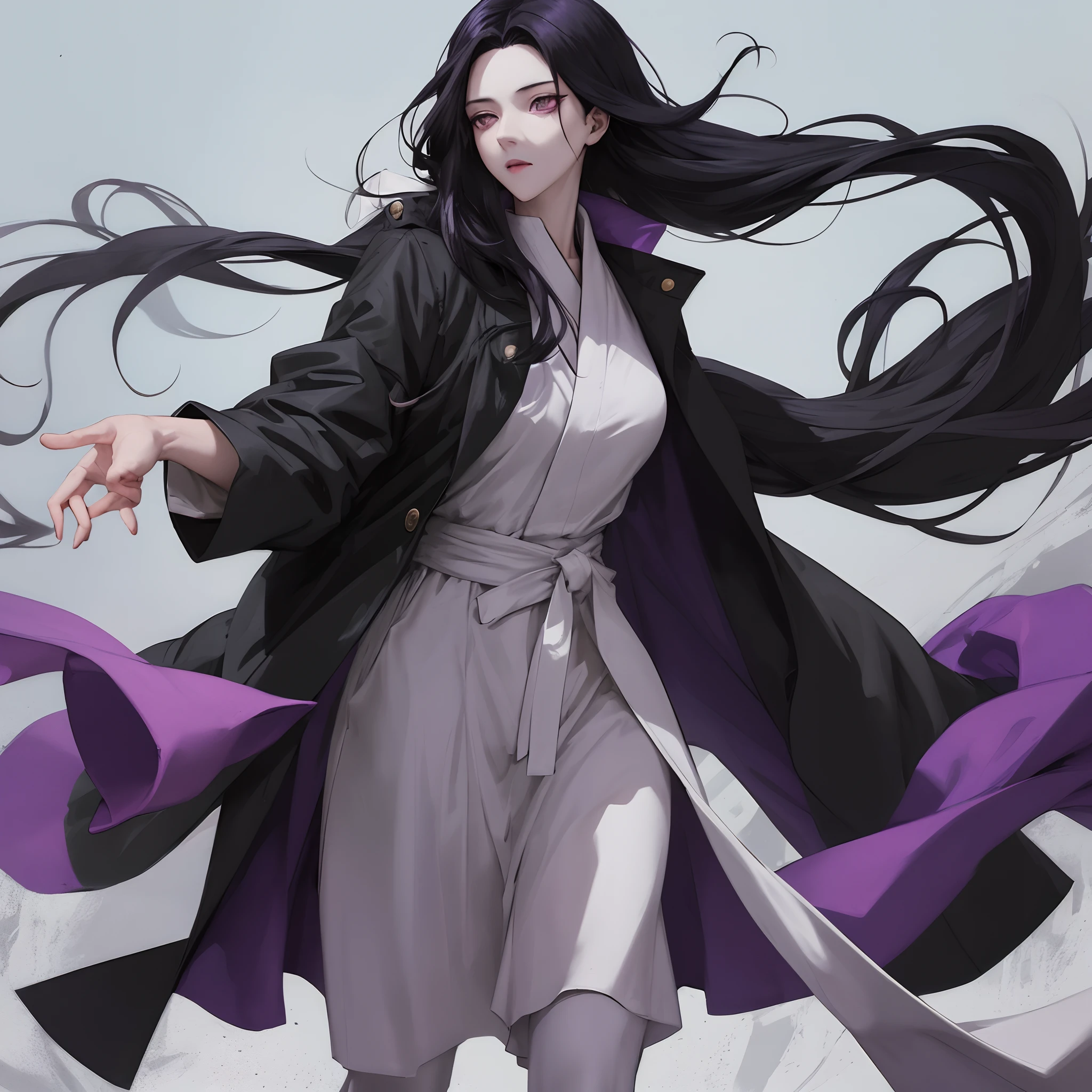 A girl with long black hair, fair skin, superior face, black and purple eyes, black clothes, wears a very large overcoat dragging on the ground, jujutsu kaisen style