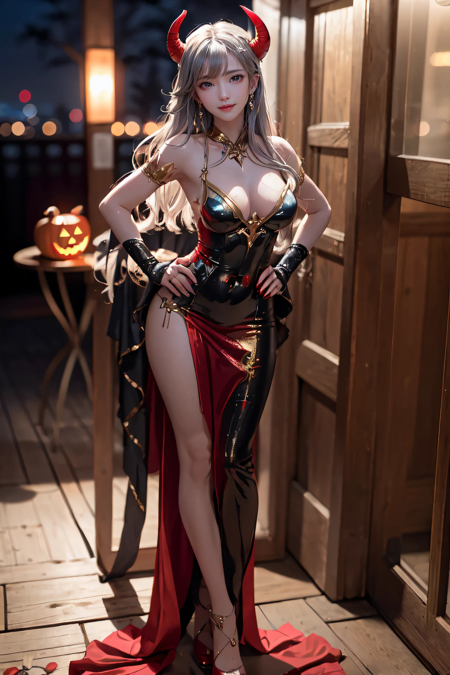 masterpiece, top-quality, top-quality, Beautifully Aesthetic:1.2, 1girl, Halloween night, ((Wearing a Blue with Silver and Gold classy devil costume)), high detailed, ((Red eyes:1.8)), Standing leaning forward with hands on waist, large breasts, firm breast, nicely shaped breasts, slender figure,
((Gray hair, Red colored inner hair)), wavy hair, (medium long hair:1.2), (asymmetrical bangs:1.2),
in the Halloween party venue at late night, (Full body shot:1.1), (From below:1.1),