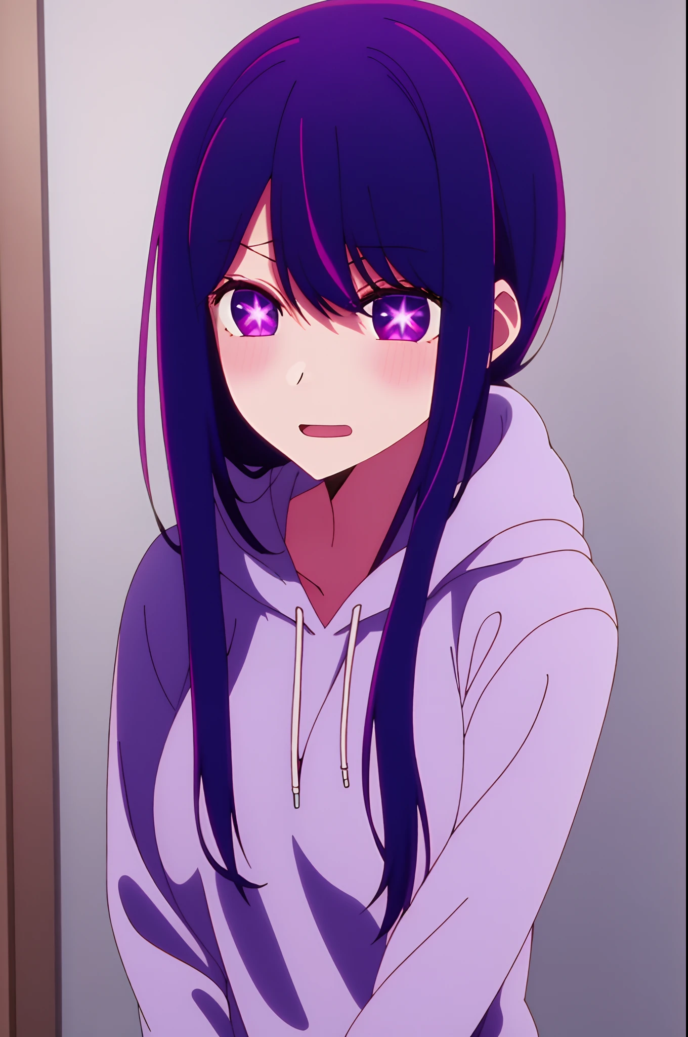 Yukino, best quality, purple color hair, purple eyes, in a black hoodie, cute girl, her expression is solemn, sexy face, she has a cute expressive face, hard breast