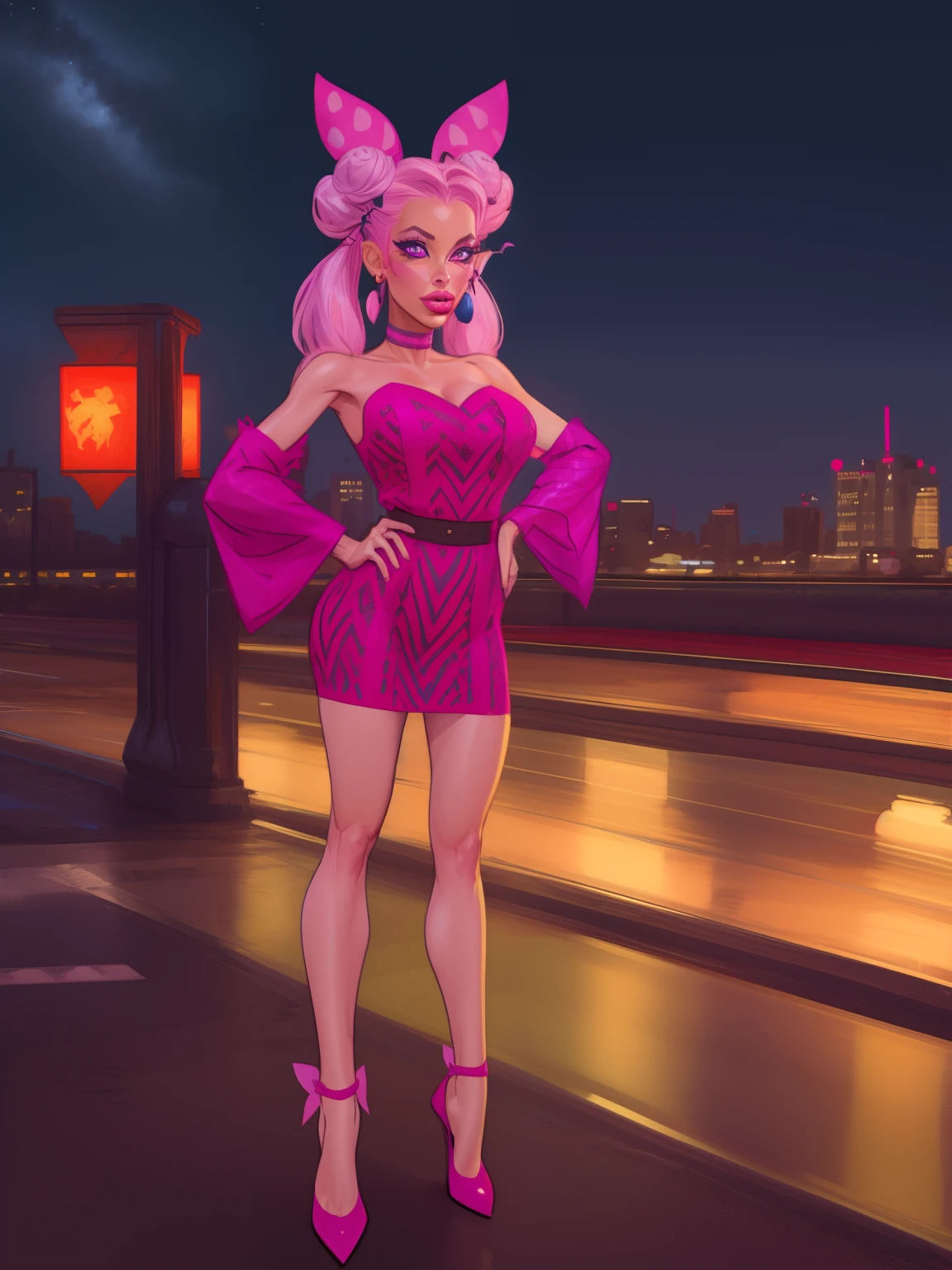 WZRYsunshangxiangQWLR, 1girl, solo,double bun, choker, pink hair,jewelry, facial mark, fishnets, earrings, pink eyes,twintails,bow,hair ornament, bare shoulders,long hair, ribbon, lipstick,pink dress,detached sleeves, cityscape, night,mature female, looking at viewer, standing, hand on hip,