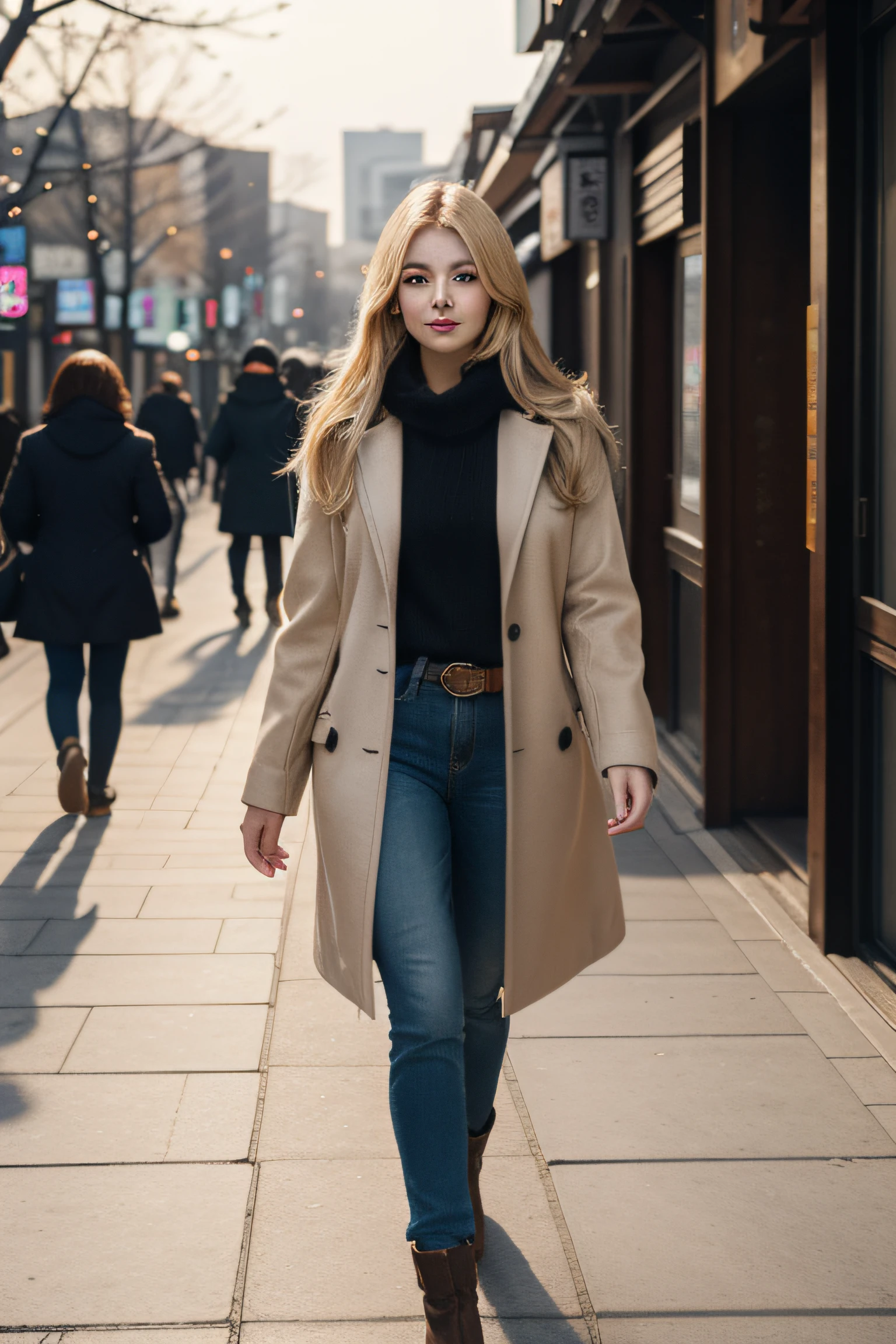 full body, blonde natural, gorgeous, city girl, western, winter clothes, hot girl, walking in the Seoul City, (masterpiece), best quality, high resolution, extremely detailed, blurred background, depth of field, cinematic lighting,