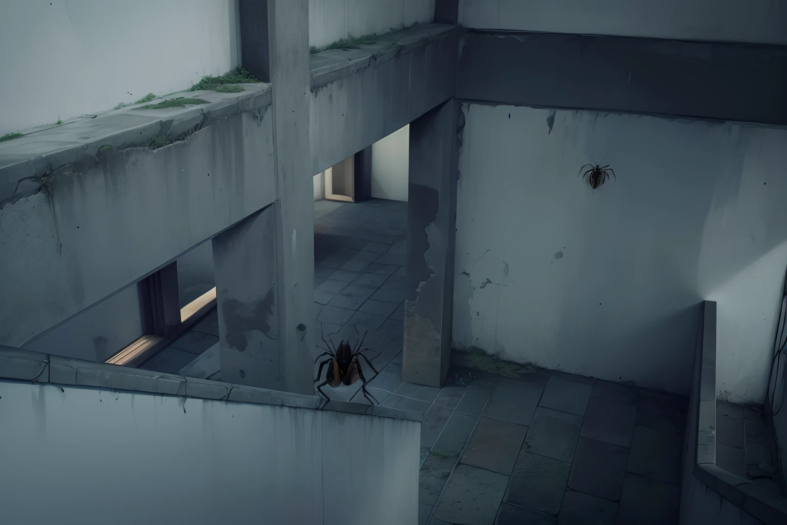 Spiders on the wall, ((Giant spiders)), Spider webs on the wall, spiderwebs, ((There are three spiders on the wall)), There are five spiders on the ground