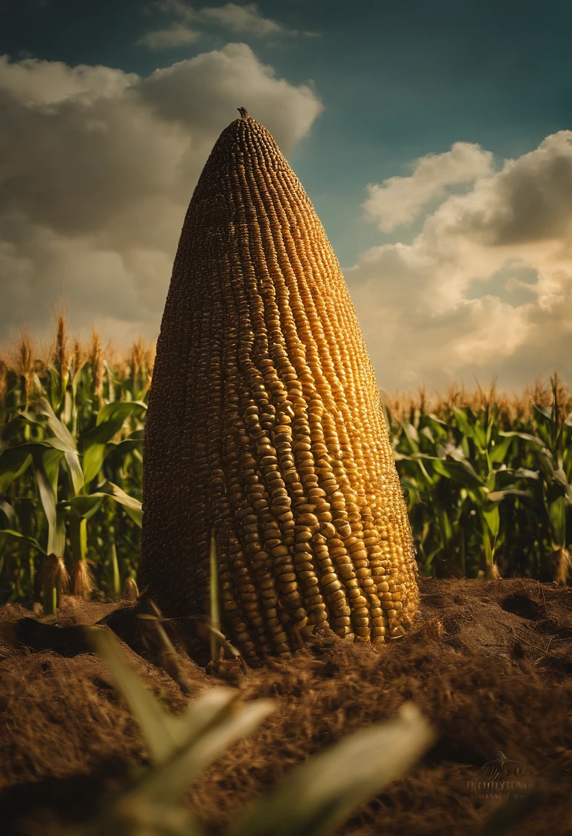 A massive corn cob, seemingly part of a cornfield, but on one side of the cob, there's a colossal cannon, embedded in the ground alongside the corn. The cannon looks oddly unique as it's made of corn, with a smooth, shiny, golden exterior, ready to fire a massive corn explosive bomb. High-definition image with sharp focus, capturing the whimsical and creative nature of this unique scene, by visionary artists, trending in surreal art circles, with vivid colors and intricate details.