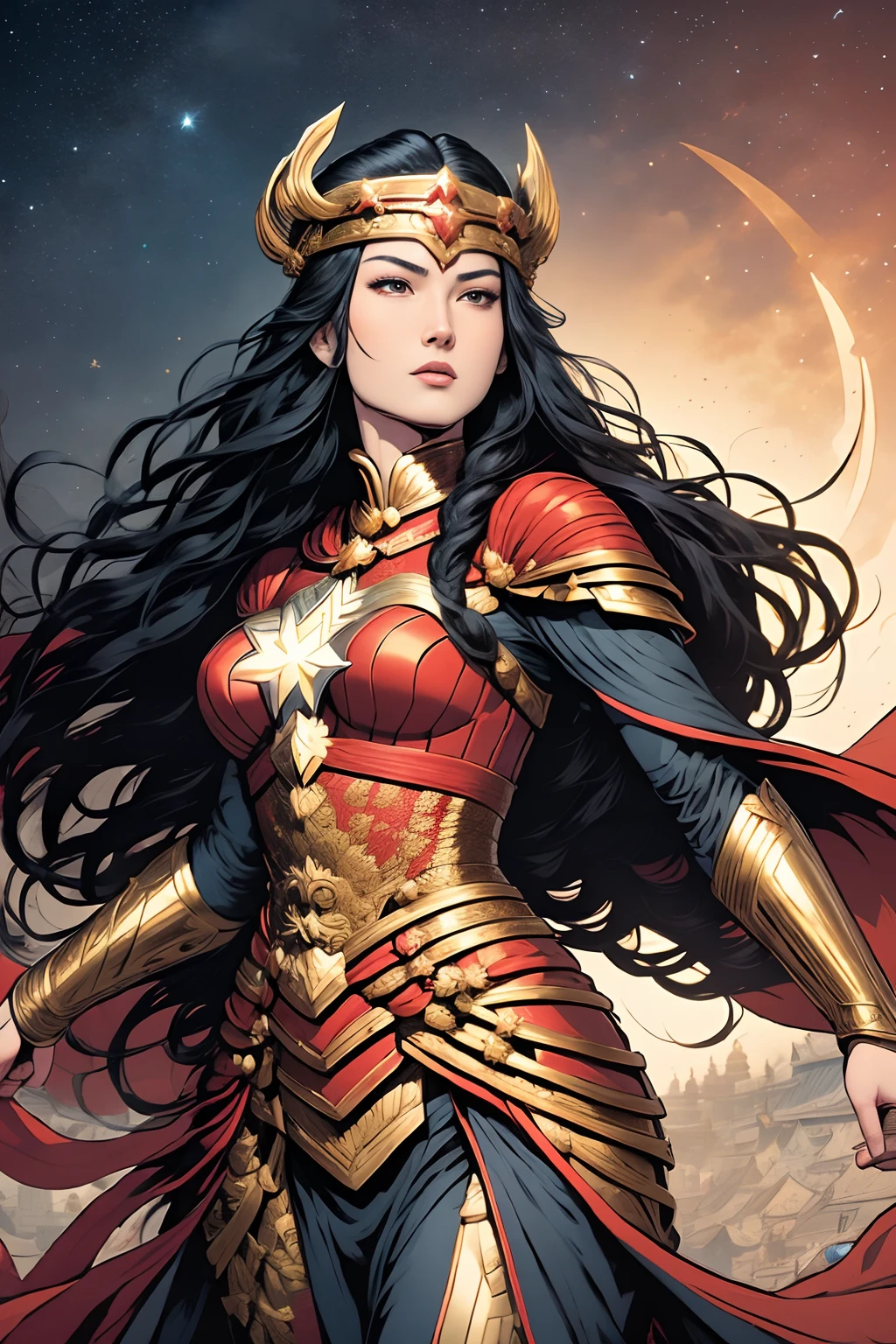 Female heroes，Black hair，braid hairstyle。super heroes，Wear red and black clothes，There are five golden five-pointed stars on the clothes，eastern style，Traditional Chinese elements，The clothes are futuristic and modern，The background is a starry sky，