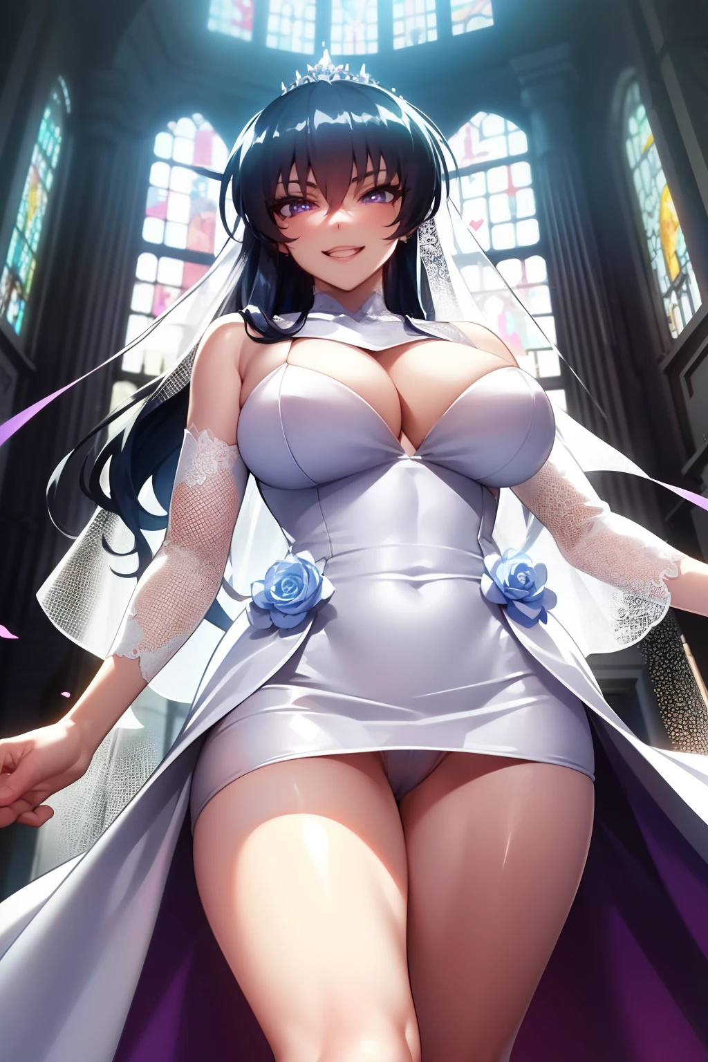 asagi, (Gorgeous white wedding dress:1.2),cleavage,miniskirt,Gorgeous tiara,long wedding veil,long hair,ponytail, blue hair, hair between eyes, sidelocks, purple eyes, looking at viewer, church,(highres, high quality:1.1), intricate details, cinematic lighting, 1girl,happy smile,show off micropanties, from below