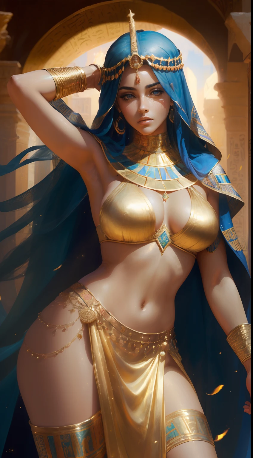 (La mejor calidad, realista:1.37), pintura realista y detallada de la diosa ISIS, Hermoso y muy detallado cuerpo completo, ojos cautivadores, Pose elegante, flowing robes, tocado dorado, Ancient Egyptian symbols, colores vibrantes, Soft lighting, Aura divina