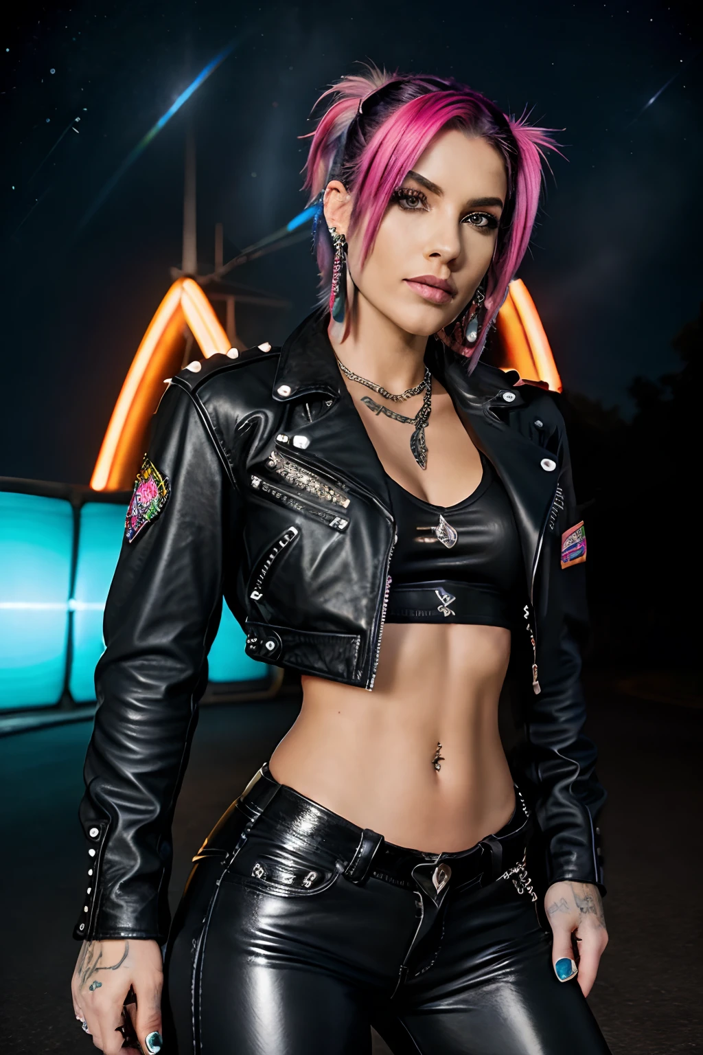 beautiful biker girl, leather jacket, gang member, hawt, rainbow road, road massage out of rainbows, in space, hot, beautiful, leather pants, grunge, spikey pink hair, piercings, earrings, harley motorcycle, black motorcycle, lesbian flag