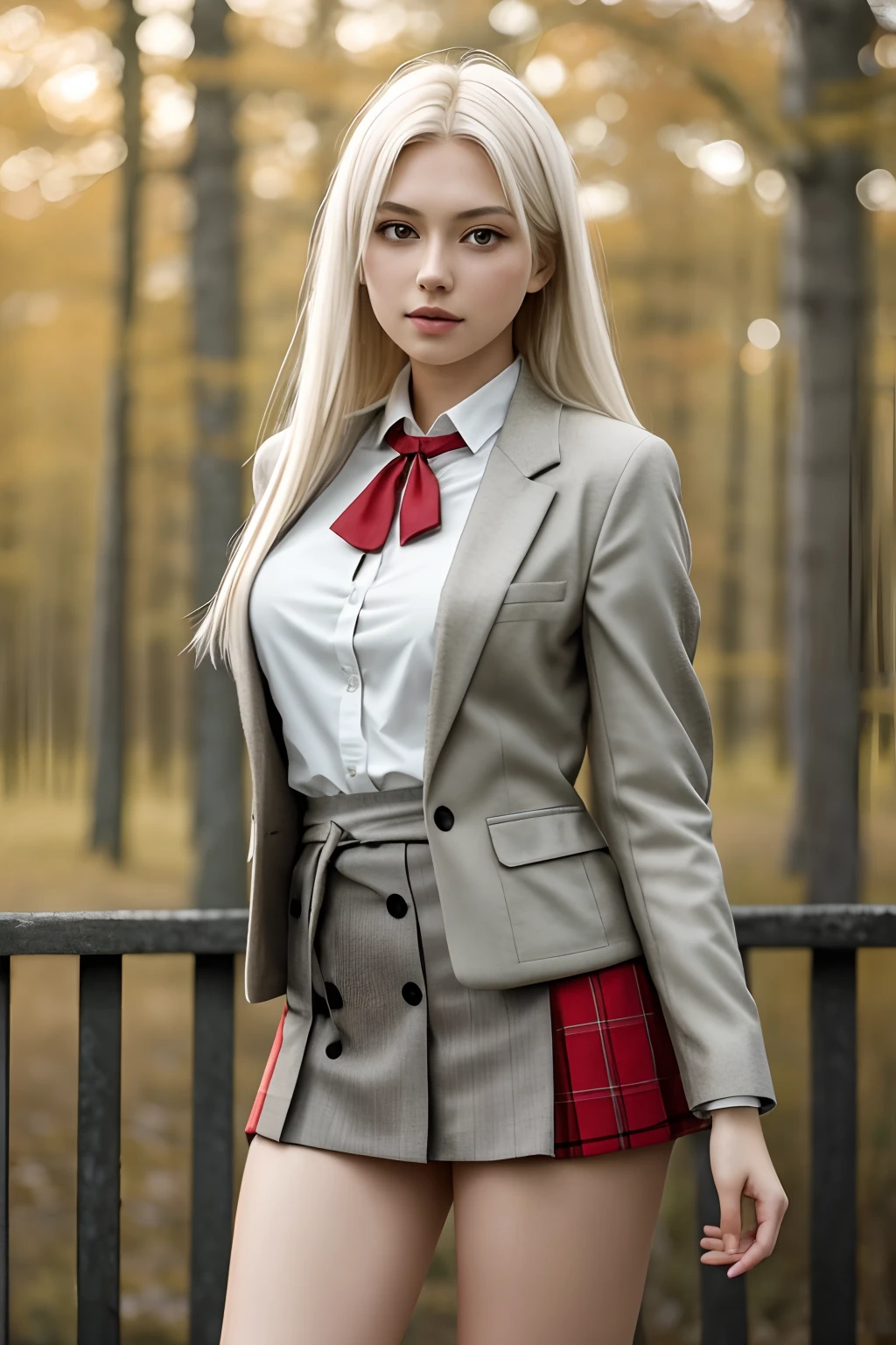 1girl in, 19, Solo, Aesthetic artwork, platinum blonde hair, long straight hair, detailed hair, full c cup breasts, c-cup, slender body, Full body, detailed skin texture, standing in park, National park, wearing stylish grey jacket, school uniform, tied around waist, wearing red skirt, red mini skirt, (extremely detailed 8k wallpaper), soft lighting, high quality, film grain, Fujifilm XT3 sharp focus, f 5.6, 50mm, High Detail, Sharp focus,(natural light), (seductive), Realistic, ultra realistic, photo realistic