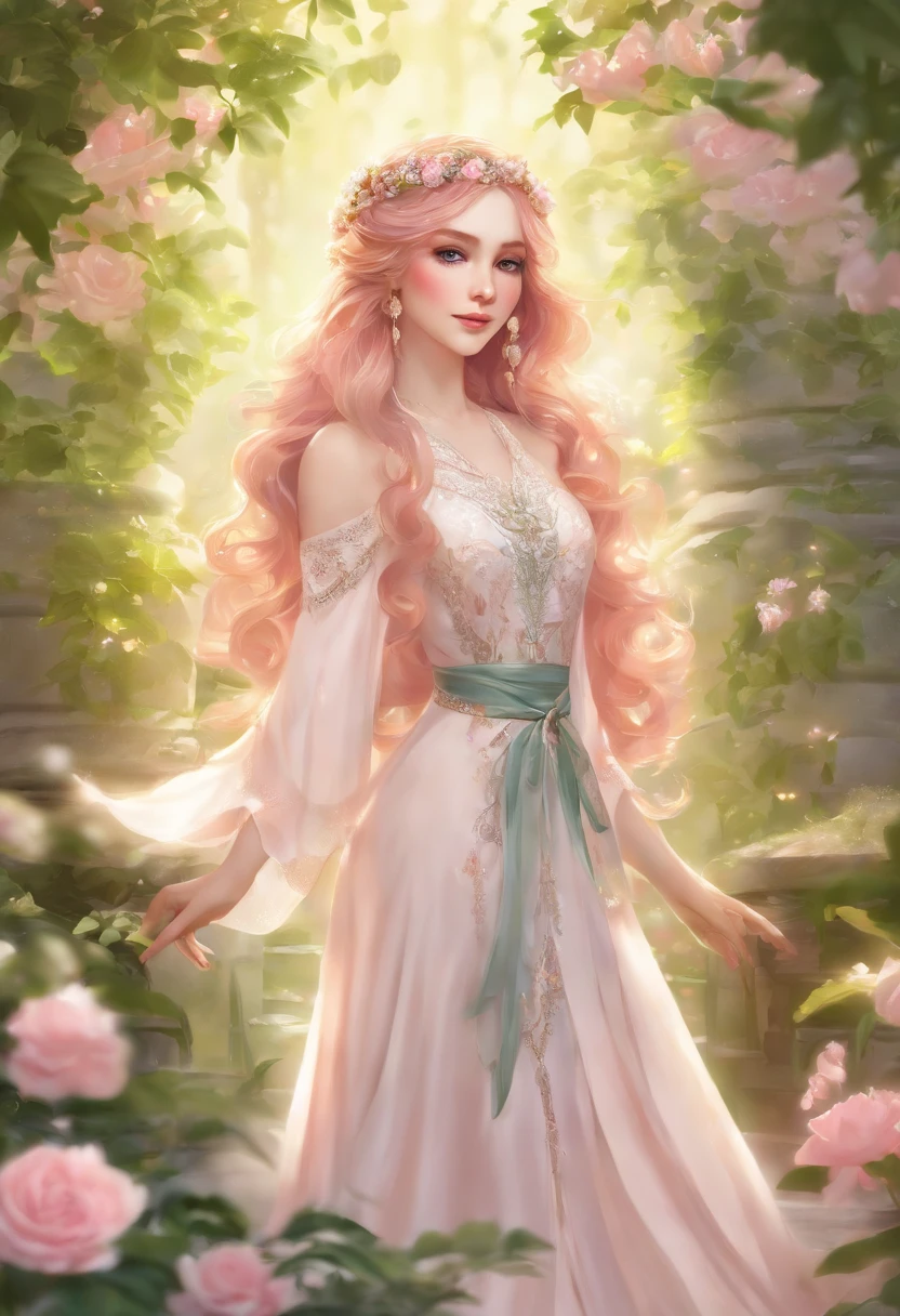 A  noble girl with pink hair and blue eyes, (beautiful detailed eyes,beautiful detailed lips,extremely detailed eyes and face,longeyelashes) in the art style of Genshin Impact. She is standing in the center of a vibrant garden, surrounded by blooming flowers in various colors. The garden is filled with lush green plants, and there is a gentle breeze rustling through the leaves. The girl is wearing an elegant, flowing dress in shades of pink and white, adorned with intricate lace details. Her dress matches her hair perfectly and adds a touch of ethereal beauty to her appearance. The girl's gaze is confident yet gentle, as she gazes into the distance with a sense of curiosity and wonder. Soft sunlight falls on her from above, casting a warm glow on her skin and illuminating the delicate features of her face. The overall image is of the highest quality, with ultra-detailed rendering and vivid colors. The artwork captures the essence of the Genshin Impact art style, combining anime-inspired aesthetics with realistic elements. The color palette is rich and vibrant, with a focus on pastel shades to enhance the dreamlike atmosphere. The lighting is soft and natural, creating a serene and enchanting ambiance. This prompt represents a masterpiece-level artwork, with the level of detail and craftsmanship that can rival professional illustrations. It evokes a sense of beauty and elegance, inviting viewers to immerse themselves in the whimsical world of fantasy and adventure.