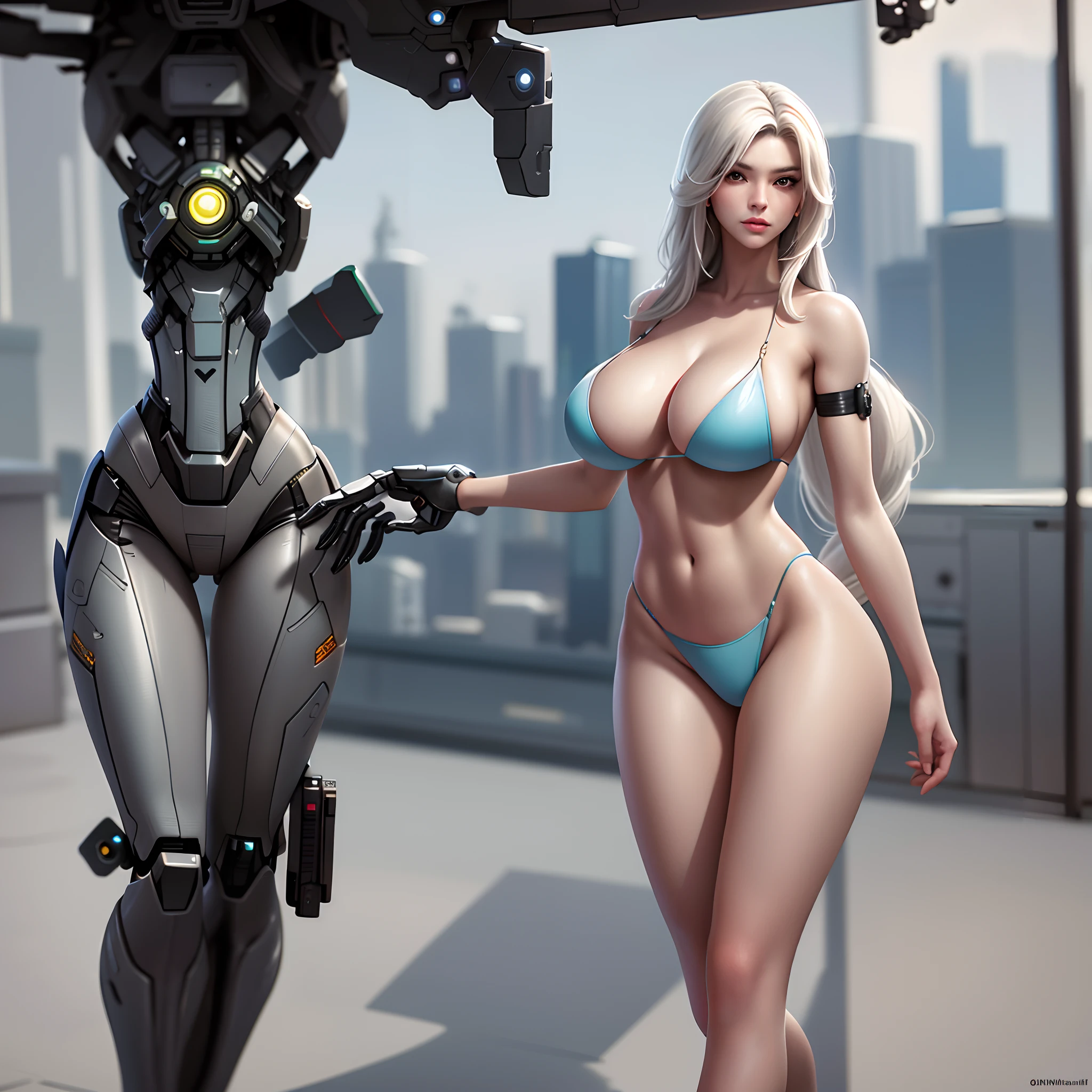 （8K ，Hyper-detailing，Ultra photo realsisim，Best Masterpiece，naturey，Movie special effects，Perfect artwork，Perfect female body，Flirtatious，Shoot from behind），A sexy beauty with big breasts，long  white hair，Stand on Cyberpunk Street，Black mini bikini，naked leg，Robotic arm，Mechanical Warframe，Mechanical punk locomotives，Hydrated skin，Flirtatious，（huge tit，Slender legs，Wide buttock，Stretch meat，Supple and fair skin）