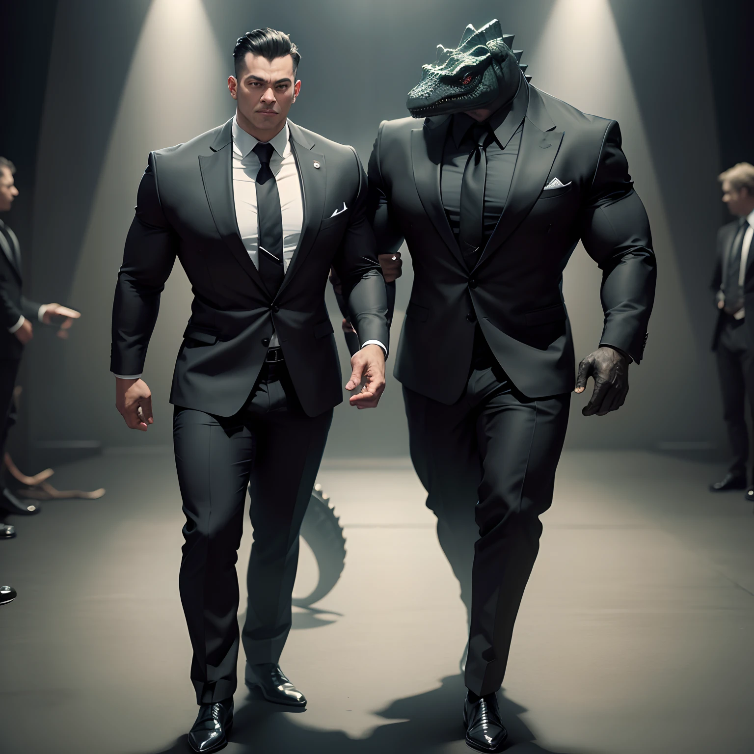 Humanoid crocodile muscled , with a crocodile's head black with a tail with 2 huge arms , in suit with a tie , full body