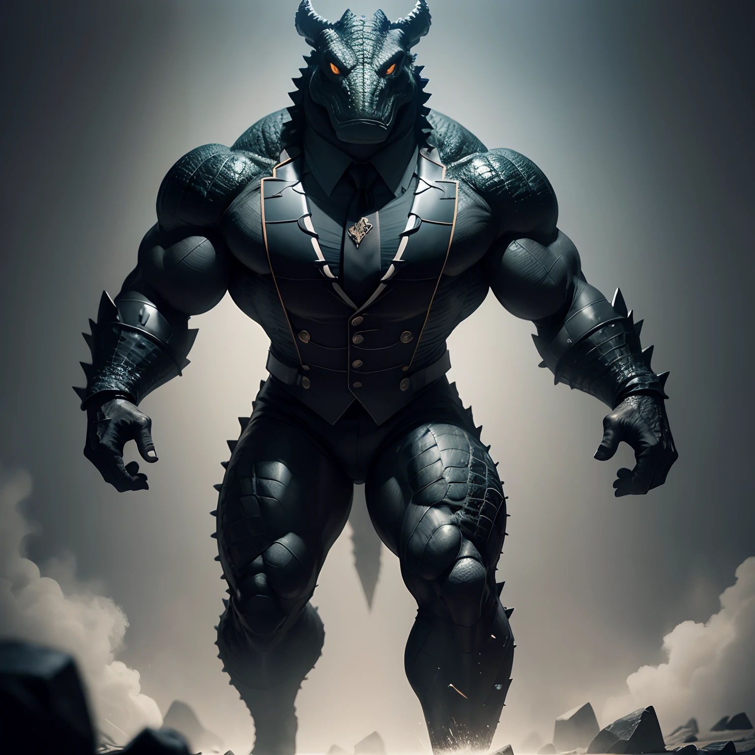 Humanoid crocodile muscled , with a crocodile's head black with a tail with 2 huge arms , in suit with a tie , full body