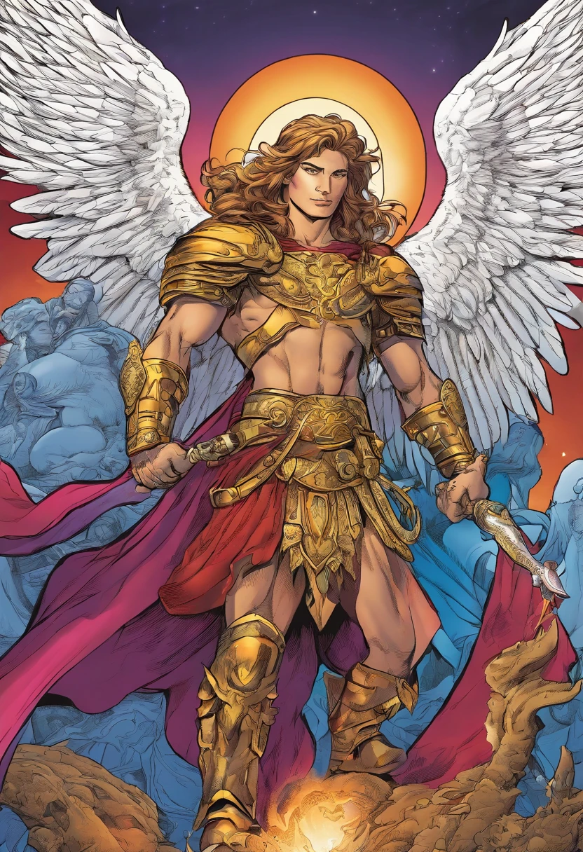 (masterpiece) create a ultra realistic Portrait of a strong and handsome male winged god. The god should have a confident and powerful expression on his face, with piercing eyes that convey his strength and wisdom. His hair should be long and flowing, and his skin should be smooth and flawless.As for clothing, the god should be adorned in regal and luxurious greek like garments, perhaps with a long flowing cape that billows behind him in the wind. He should be carrying a weapon of some sort, perhaps a sword of light or a spear of fire, to signify his strength and power. The overall mood of the image should be one of awe and reverence, with the god depicted in a majestic and god-like manner. The background of the image should be epic and grand, perhaps with clouds or mountains in the distance to further emphasize the god's divine stature. The final image should be awe-inspiring and leave the viewer in no doubt of the god's power and majesty. 3d render, octane render, cinematic, trending on artstation | Isometric | Centered hipereallistic cover  photo awesome full color, ,  hand drawn, dark, gritty, realistic  mucha, klimt, erte .12k,  intricate. hight definition , cinematic,Rough sketch, mix of bold dark lines and loose lines, bold lines, on paper , full body with silky dress, humanoid, Full body