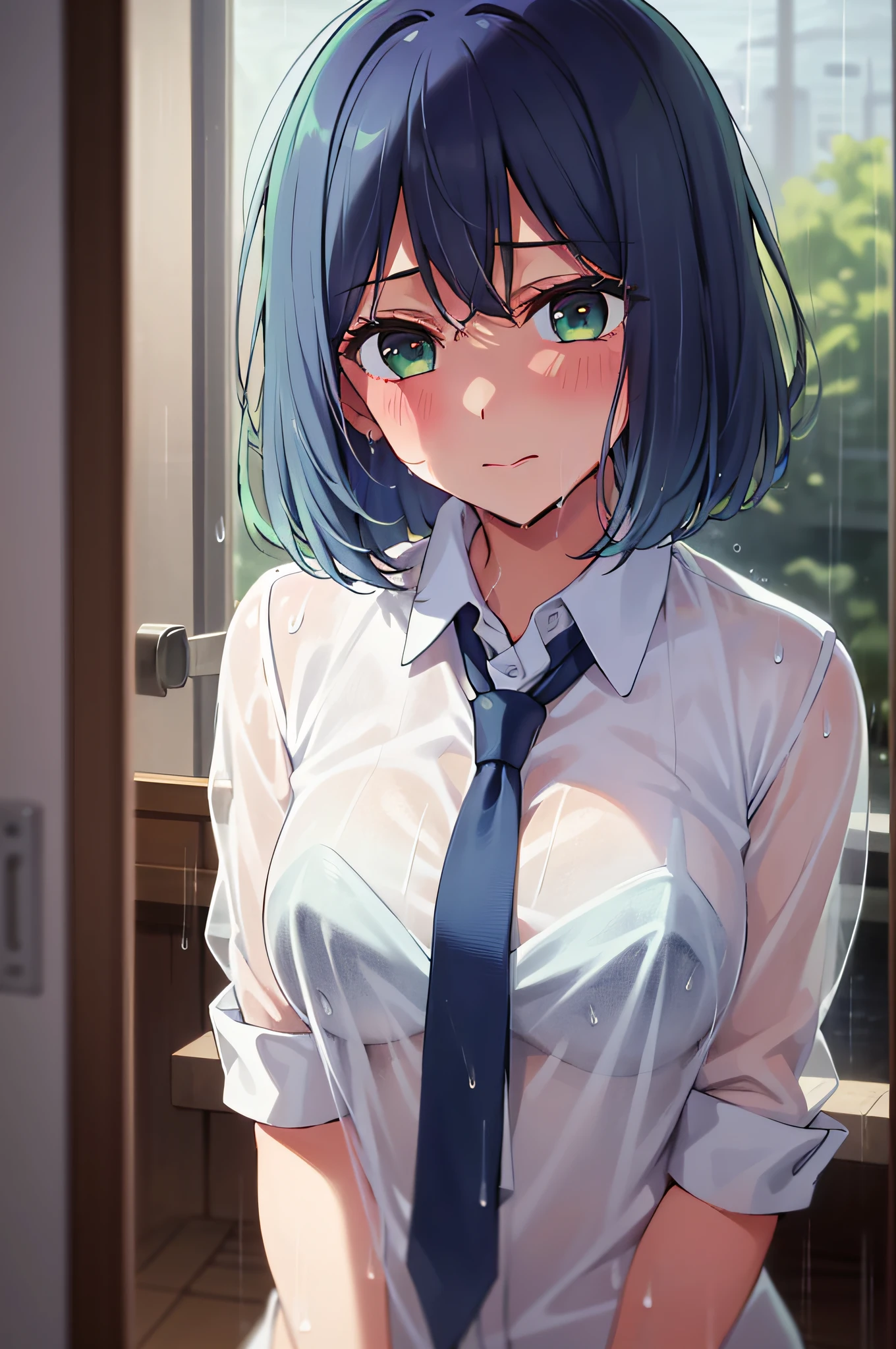 masutepiece, Best Quality, Ultra-high resolution, super detailed, High contrast, Beautiful lighting, depth of fields, Blue hair, Green eyes, (Bob Hair:1.5), blush, nsfw, white shirt, blue necktie, (top see through:1.5), (rain:1.2)