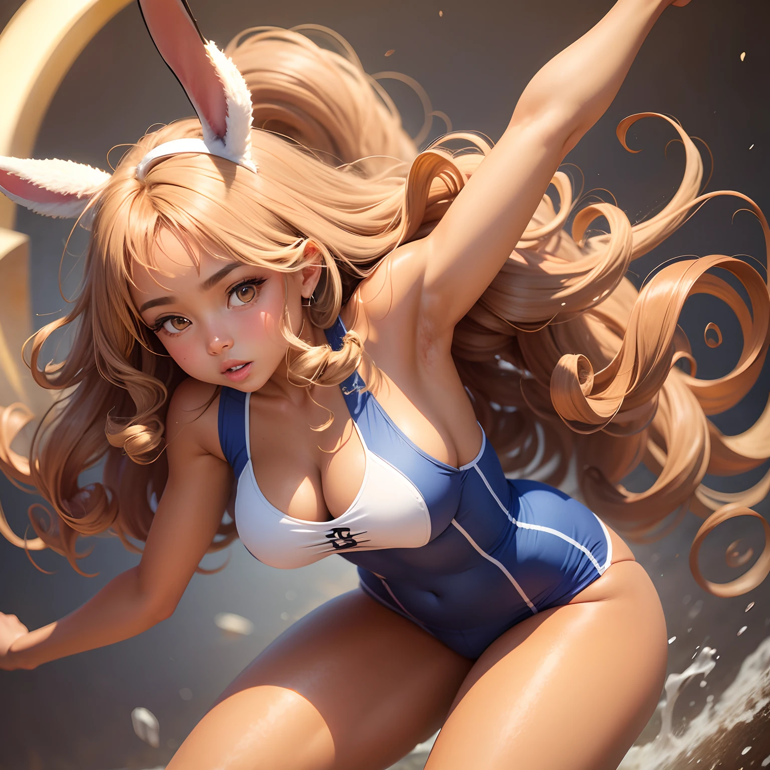 A tan girl that is part bunny with bouncy spiral curls
