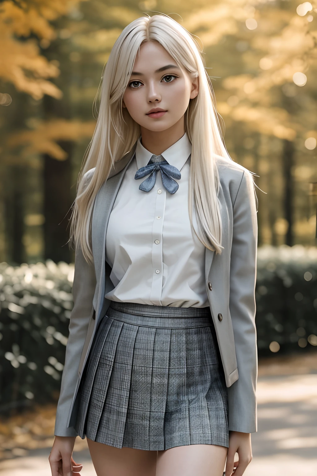 1girl in, age19, Solo, Aesthetic artwork, platinum blonde hair, long straight hair, detailed hair, full c cup breasts, c-cup, slender body, Full body, detailed skin texture, standing in park, National park, wearing stylish grey jacket, school uniform, tied around waist, wearing blue plad skirt, blue mini skirt, (extremely detailed 8k wallpaper), soft lighting, high quality, film grain, Fujifilm XT3 sharp focus, f 5.6, 50mm, High Detail, Sharp focus,(natural light), (seductive), Realistic, ultra realistic, photo realistic