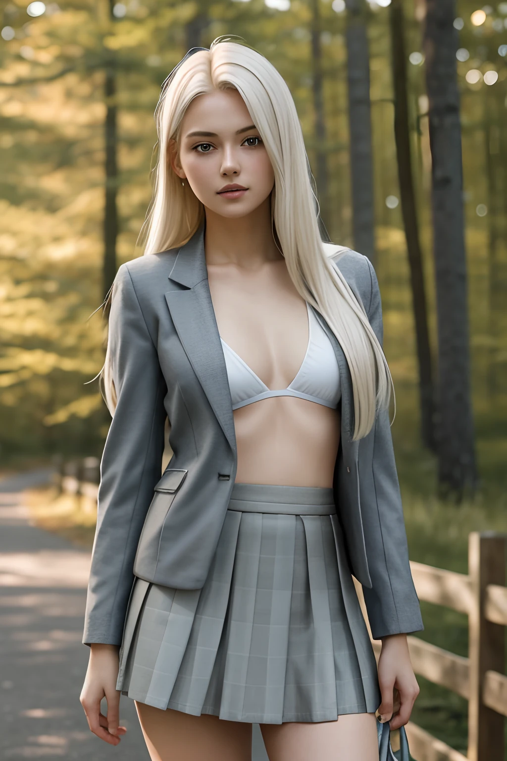 1girl in, 19, Solo, Aesthetic artwork, platinum blonde hair, long straight hair, detailed hair, full c cup breasts, c-cup, slender body, Full body, detailed skin texture, standing in park, National park, wearing stylish grey jacket, school uniform, tied around waist, wearing blue plad skirt, blue mini skirt, (extremely detailed 8k wallpaper), soft lighting, high quality, film grain, Fujifilm XT3 sharp focus, f 5.6, 50mm, High Detail, Sharp focus,(natural light), (seductive), Realistic, ultra realistic, photo realistic