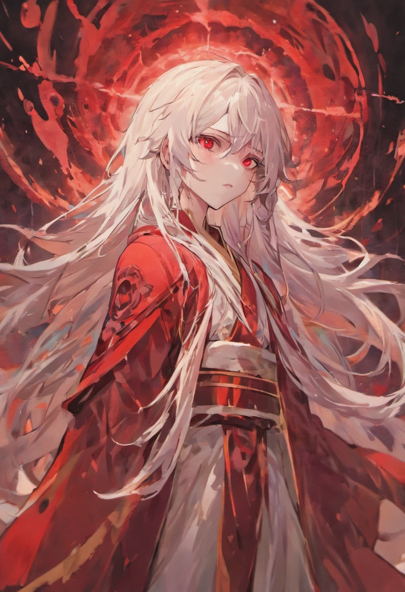 a boy with long white hair, pale skin, blood ruby eyes, thin body and thin waist, wearing a white robe with red veins