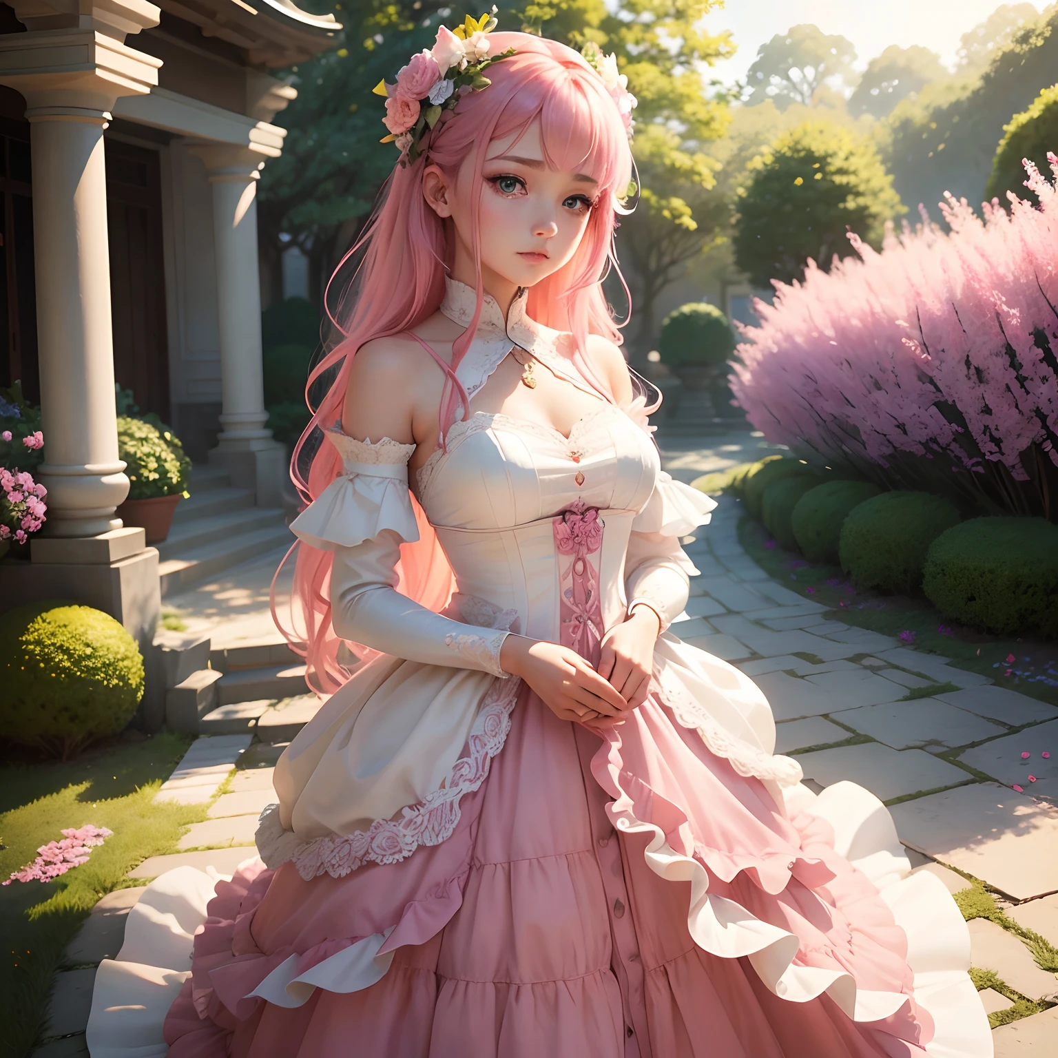 A noble girl with pink hair and blue eyes, (beautiful detailed eyes,beautiful detailed lips,extremely detailed eyes and face,longeyelashes) in the art style of Genshin Impact. She is standing in the center of a vibrant garden, surrounded by blooming flowers in various colors. The garden is filled with lush green plants, and there is a gentle breeze rustling through the leaves. The girl is wearing an elegant, flowing dress in shades of pink and white, adorned with intricate lace details. Her dress matches her hair perfectly and adds a touch of ethereal beauty to her appearance. The girl's gaze is confident yet gentle, as she gazes into the distance with a sense of curiosity and wonder. Soft sunlight falls on her from above, casting a warm glow on her skin and illuminating the delicate features of her face. The overall image is of the highest quality, with ultra-detailed rendering and vivid colors. The artwork captures the essence of the Genshin Impact art style, combining anime-inspired aesthetics with realistic elements. The color palette is rich and vibrant, with a focus on pastel shades to enhance the dreamlike atmosphere. The lighting is soft and natural, creating a serene and enchanting ambiance. This prompt represents a masterpiece-level artwork, with the level of detail and craftsmanship that can rival professional illustrations. It evokes a sense of beauty and elegance, inviting viewers to immerse themselves in the whimsical world of fantasy and adventure.