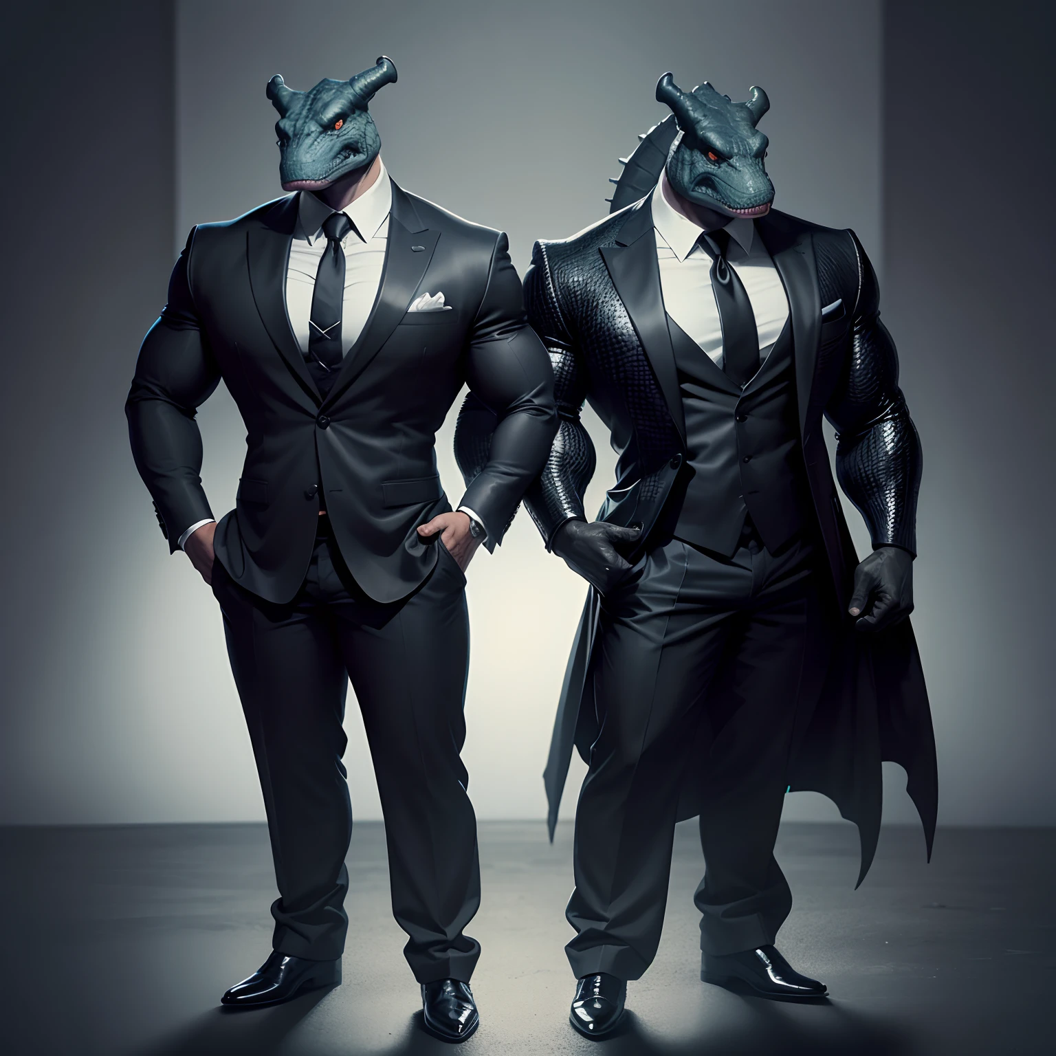 Humanoid  crocodile muscled ,  with a crocodile's head black with  a tail with 2 huge arms ,  in suit with a tie , full body