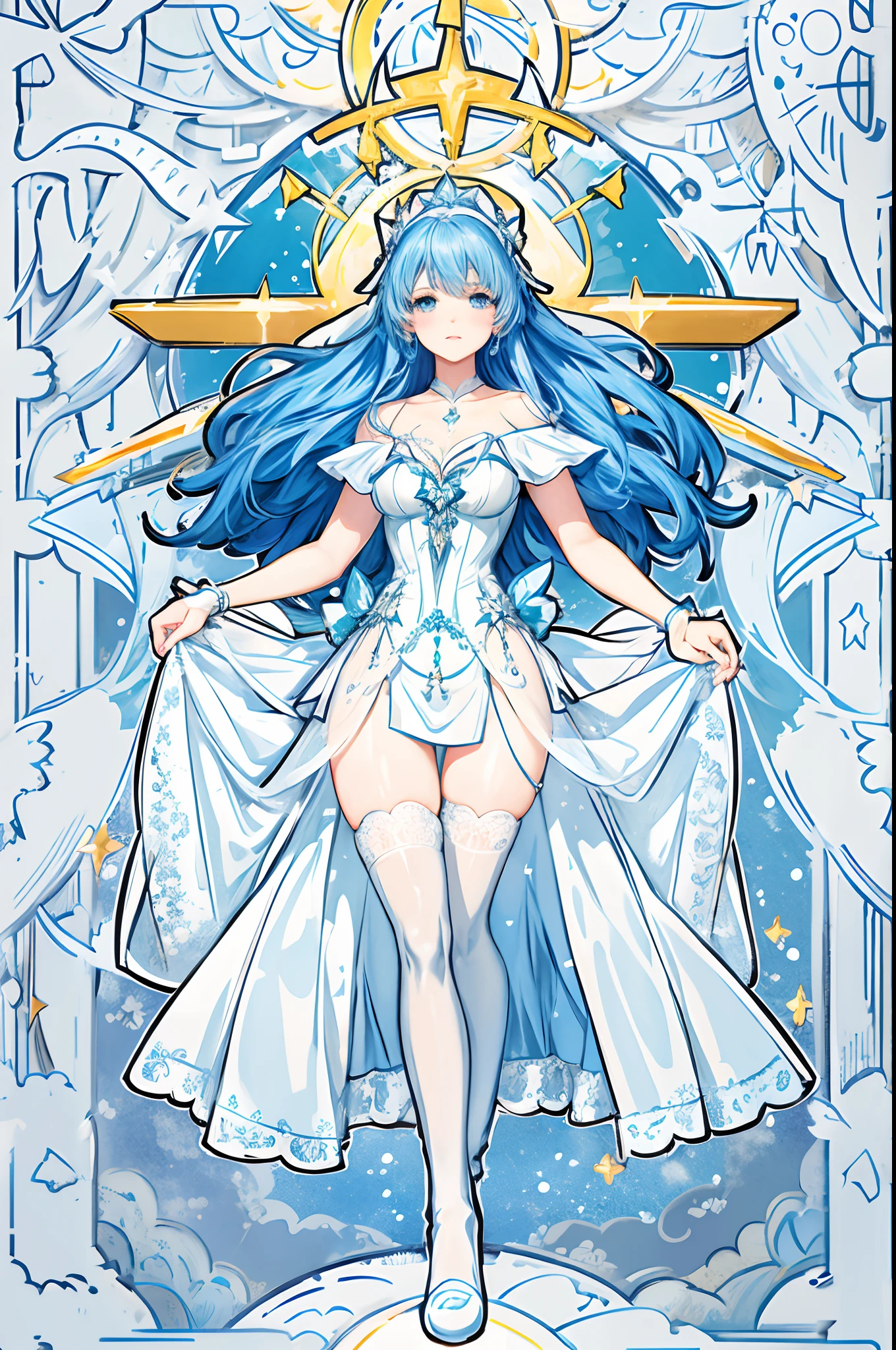 Anime style picture of a woman in a white dress with blue hair, Anime goddess, cute anime waifu in a nice dress, ice sorceress, anime art nouveau, Digital art on Pixiv, celestial goddess, pixiv contest winner, anime art nouveau cosmic display, a glaceon ice princess, Pixiv style, knights of zodiac girl, Goddess. Extremely high detail