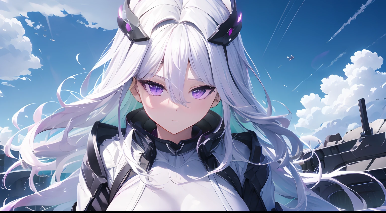 (best quality,4k,8k,highres,masterpiece:1.2),ultra-detailed,HDR,girl:1.1,standing,anime,eyes,sharp focus,military base,uniform,weapon,detailed background,serious expression,cool pose,dynamic lighting,moonlit night,mech in the distance,hairstyle,colorful sunset,sparkling stars,long hair,cloudy sky,cute face,White hair, purple eyes.