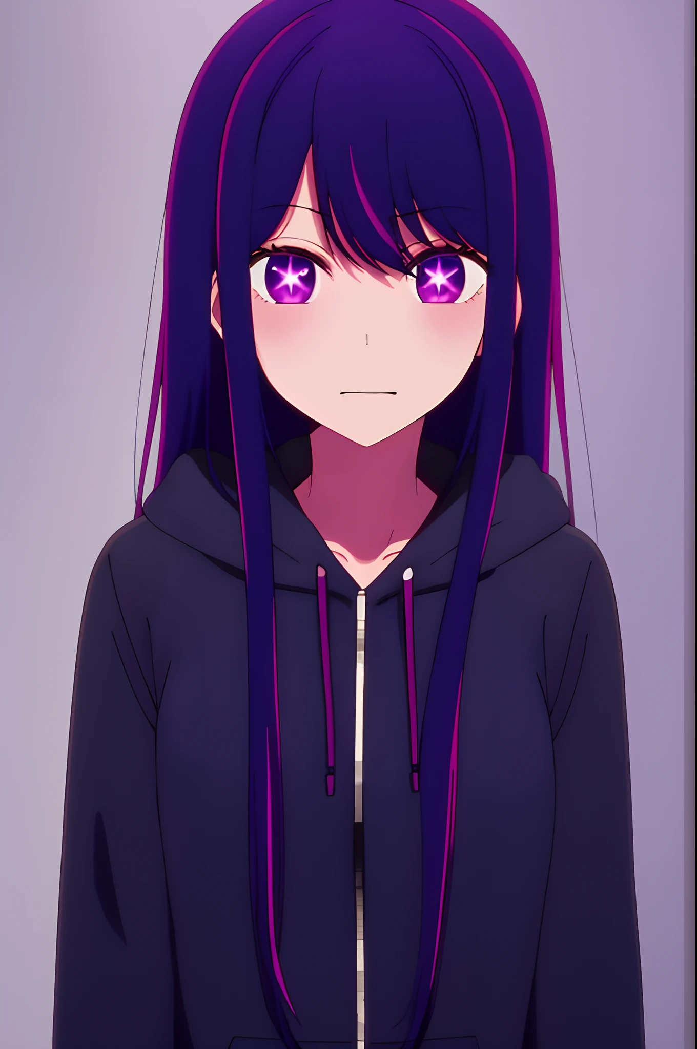 Yukino, best quality, purple color hair, purple eyes, in a black hoodie, cute girl, her expression is solemn, sexy face, she has a cute expressive face, hard breast