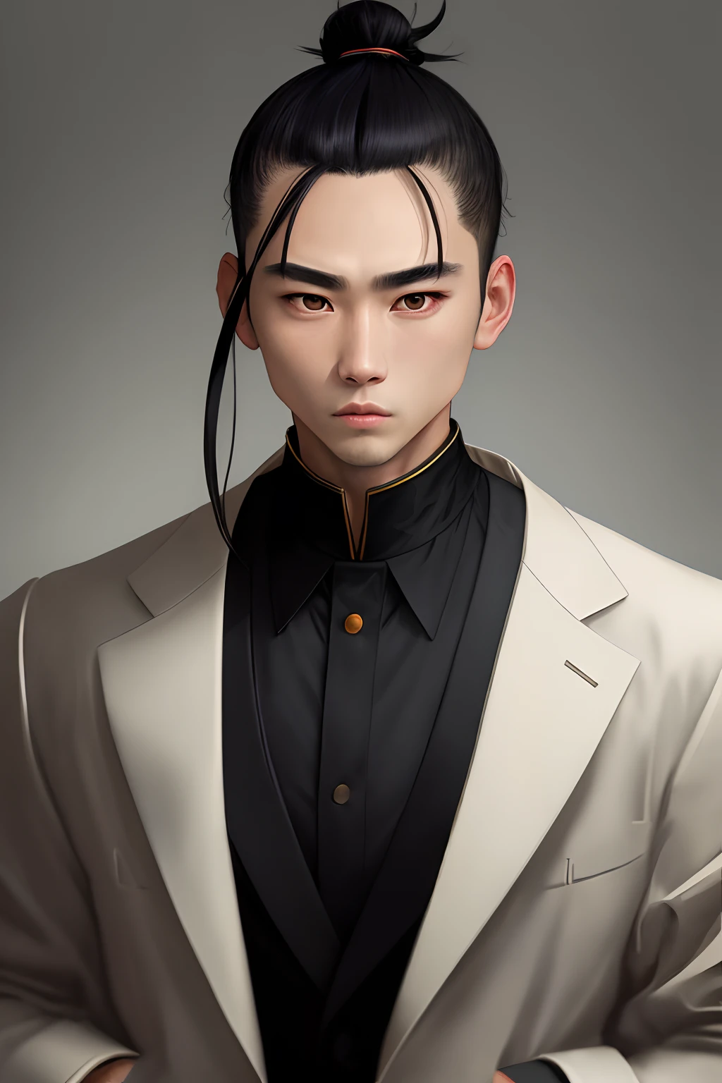 masterpiece, best quality, high quality, 1boy, solo, male focus, looking at viewer, upper body, Suguru_Geto, black hair, Man bun, black eyes, jacket, high collar, Realism
