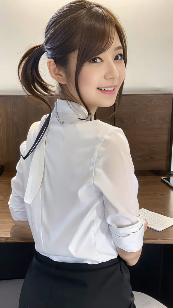 (Best quality, 8k, 32k, Masterpiece, UHD:1.2), from behind, 1 walking girl, beautiy Japanese office lady, (smile:0.5), (looking at the the viewer), 30 years old, bit chubby, white shirt, black skirt, office room, desk, (small breasts, buttocks:1.2), detailed beautiful face, wavy pony-tail hair, from below,