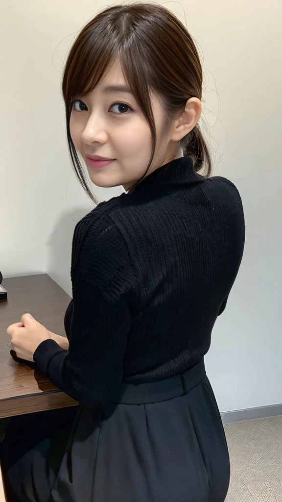 (Best quality, 8k, 32k, Masterpiece, UHD:1.2), middle shot, from behind, 1 walking girl, beautiy Japanese office lady, (smile:0.5), (looking at the the viewer), 30 years old, bit chubby, black suit, black skirt, office room, desk, (small breasts, buttocks:1.2), detailed beautiful face, wavy pony-tail hair, from below,