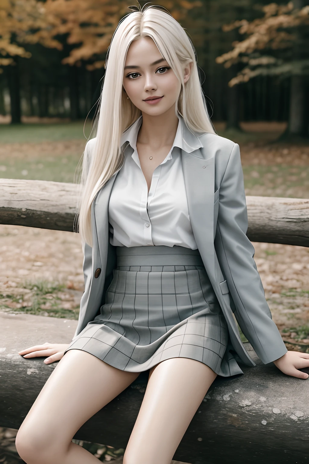 1girl in, age19, Solo, Aesthetic artwork, platinum blonde hair, long straight hair, detailed hair, full c cup breasts, c-cup, slender body, Full body, detailed skin texture, cute smile, sitting in park, National park, wearing stylish grey jacket, school uniform, tied around waist, wearing blue plad skirt, blue mini skirt, (extremely detailed 8k wallpaper), soft lighting, high quality, film grain, Fujifilm XT3 sharp focus, f 5.6, 50mm, High Detail, Sharp focus,(natural light), (seductive), Realistic, ultra realistic, photo realistic