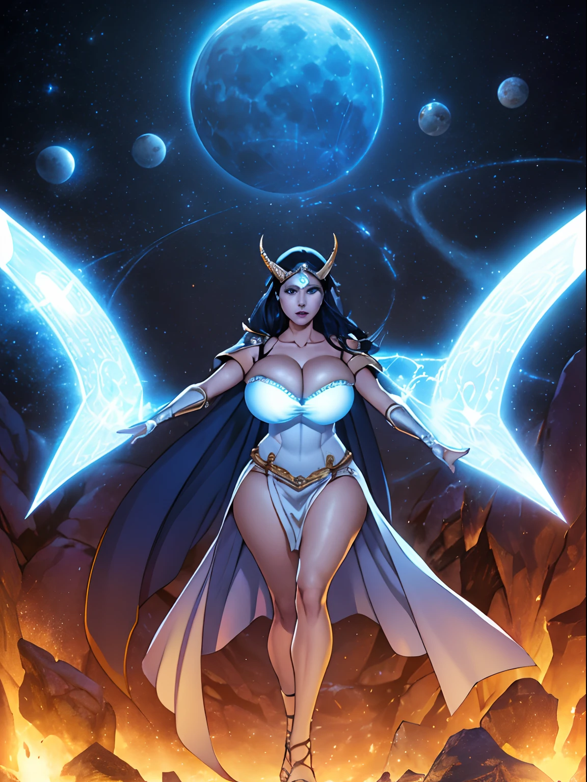 (masterpiece, top quality, best quality, official art, beautiful and aesthetic:1.2), (1girl:1.3), dark blue hair in braid, extremely detailed, portrait, looking at viewer, solo, (full body:0.6), detailed background, close up, (cool science fiction space theme:1.1), ((((blue skin)))), extremely busty sorceress, charlatan, mysterious, casting spells in space, four arms, revealing white robes, revealing white dress, crossed straps, fingerless gloves, long gloves, glowing magical energy, blindfold, elaborate headdress, golden ceremonial horns, sheer white fabric, elegant robes, skirts, streamers, cowl, cape, sandals, bracers, ((((four arms, gigantic breasts, cleavage, skindentation)))), slim waist, slim hips, long legs, athletic, SPACE, futuristic moon, (space exterior:1.1) background, dark mysterious lighting, shadows, magical atmosphere, dutch angle