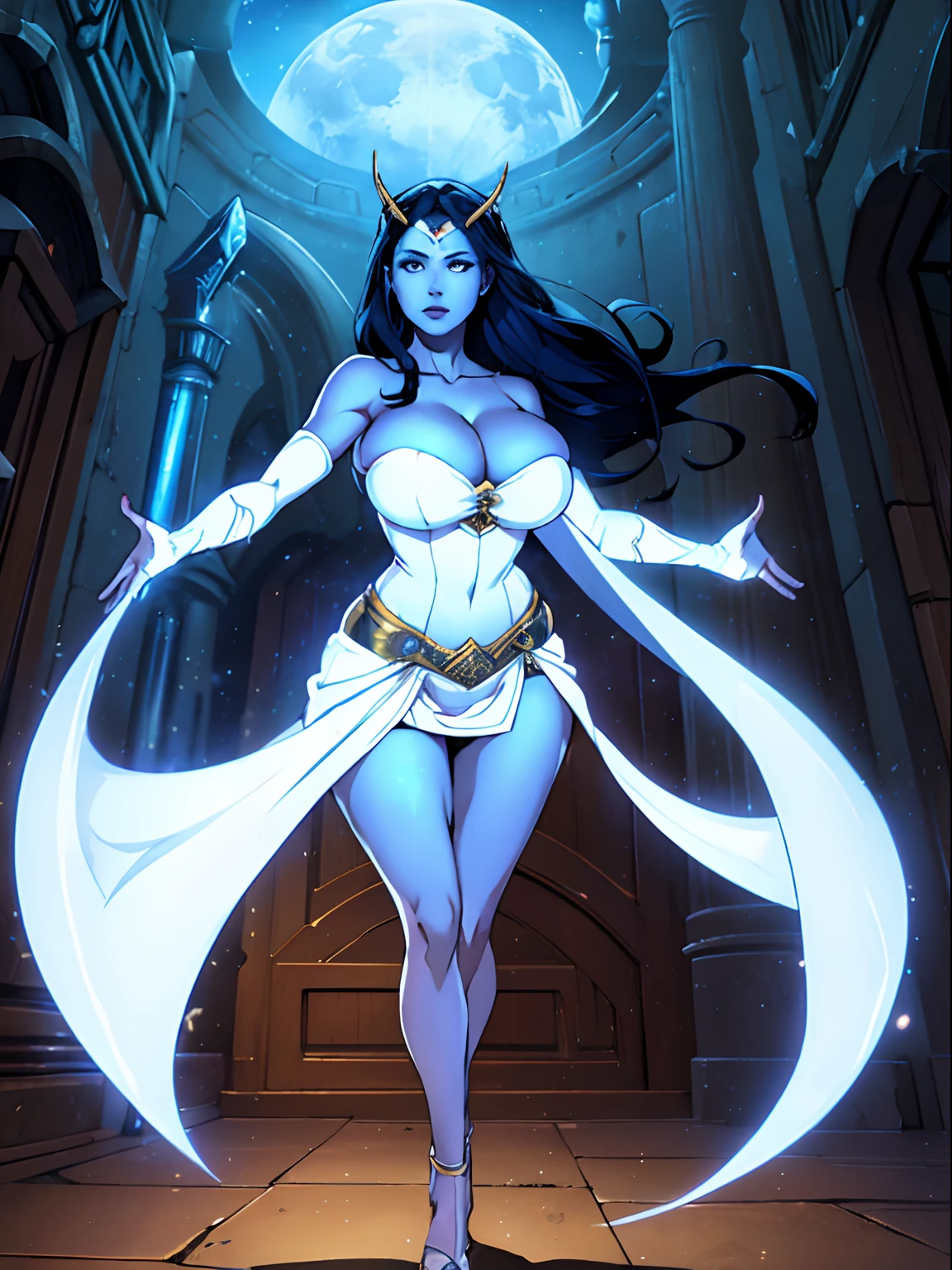 (masterpiece, top quality, best quality, official art, beautiful and aesthetic:1.2), (1girl:1.3), dark blue hair in braid, extremely detailed, portrait, looking at viewer, solo, (full body:0.6), detailed background, close up, (cool science fiction space theme:1.1), ((((blue skin)))), extremely busty sorceress, charlatan, mysterious, casting spells in space, four arms, revealing white robes, revealing white dress, crossed straps, fingerless gloves, long gloves, glowing magical energy, blindfold, elaborate headdress, golden ceremonial horns, sheer white fabric, elegant robes, skirts, streamers, cowl, cape, sandals, bracers, ((((four arms, gigantic breasts, cleavage, skindentation)))), slim waist, slim hips, long legs, athletic, SPACE, futuristic moon, (space exterior:1.1) background, dark mysterious lighting, shadows, magical atmosphere, dutch angle