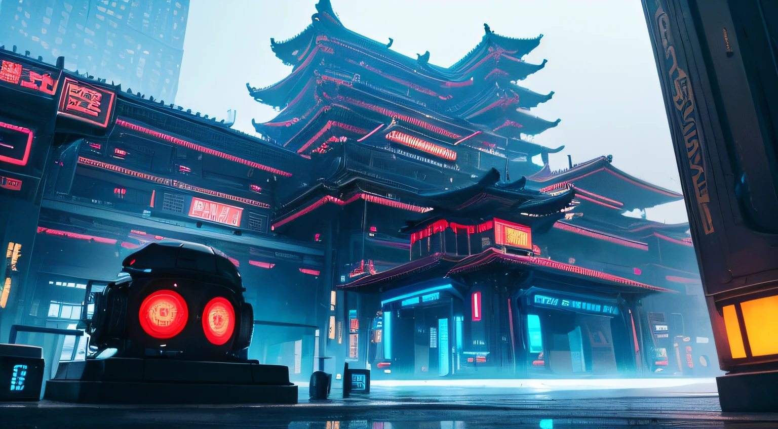 (Best quality,4K,8K,A high resolution,Masterpiece:1.2),Ultra-detailed,(Realistic,Photorealistic,photo-realistic:1.37),Cyberpunk,Sci-fi,Chinese-style palace,Huizhou architecture,Neon lights,chinesedragon,Big square,Large sculptures,tripod,giant object,golden lighting,Lanterns,the emperor,Virtual screen,cyber punk perssonage,air vehicle,droid