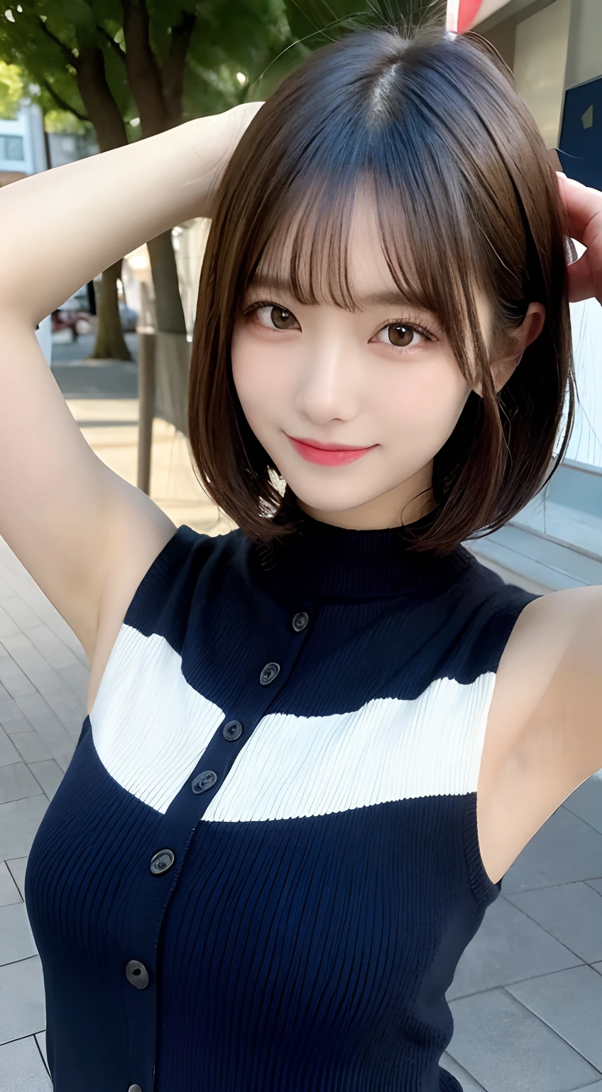 masutepiece, Best Quality, Illustration, Ultra-detailed, finely detail, hight resolution, 8K Wallpaper, Perfect dynamic composition, Beautiful detailed eyes, Women's Fashion Summer,Short bob hair,Small breasts natural color lip, Bold sexy poses,light Smile,Harajuku,20 years girl,Cute,Sexy shot looking at camera,sleeveless knit,Dark blue knitwear,(Armpits)